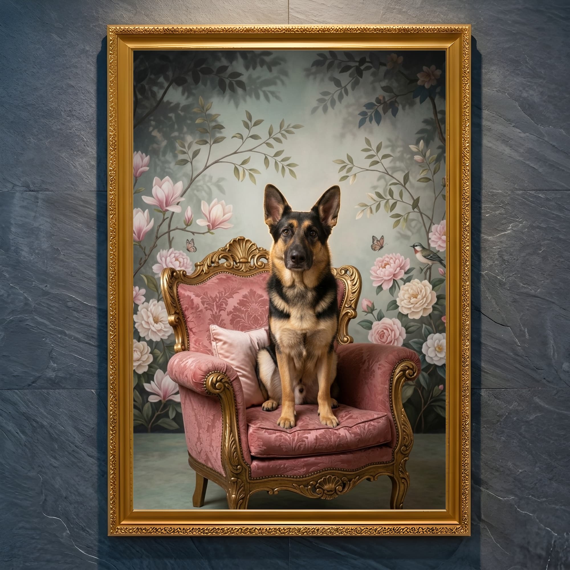 German shepherd Shabby Pink Oil-Painting Rococo Framed Art Print (A4 Gold)