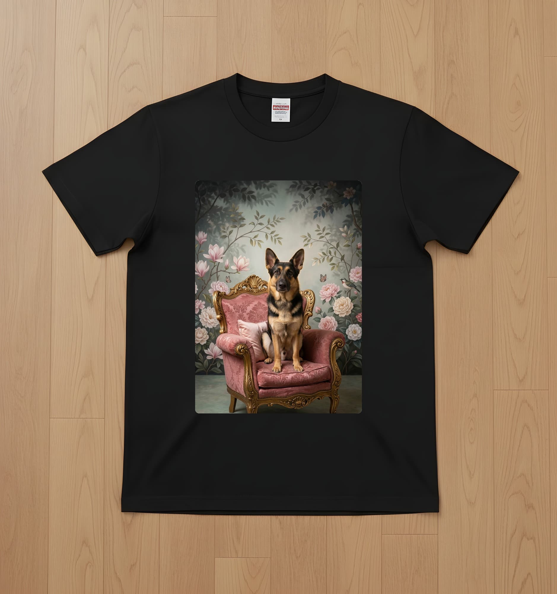 ジャーマンシェパードのシャビーピンクの油絵風アートロココ調Tシャツ(ブラック)
