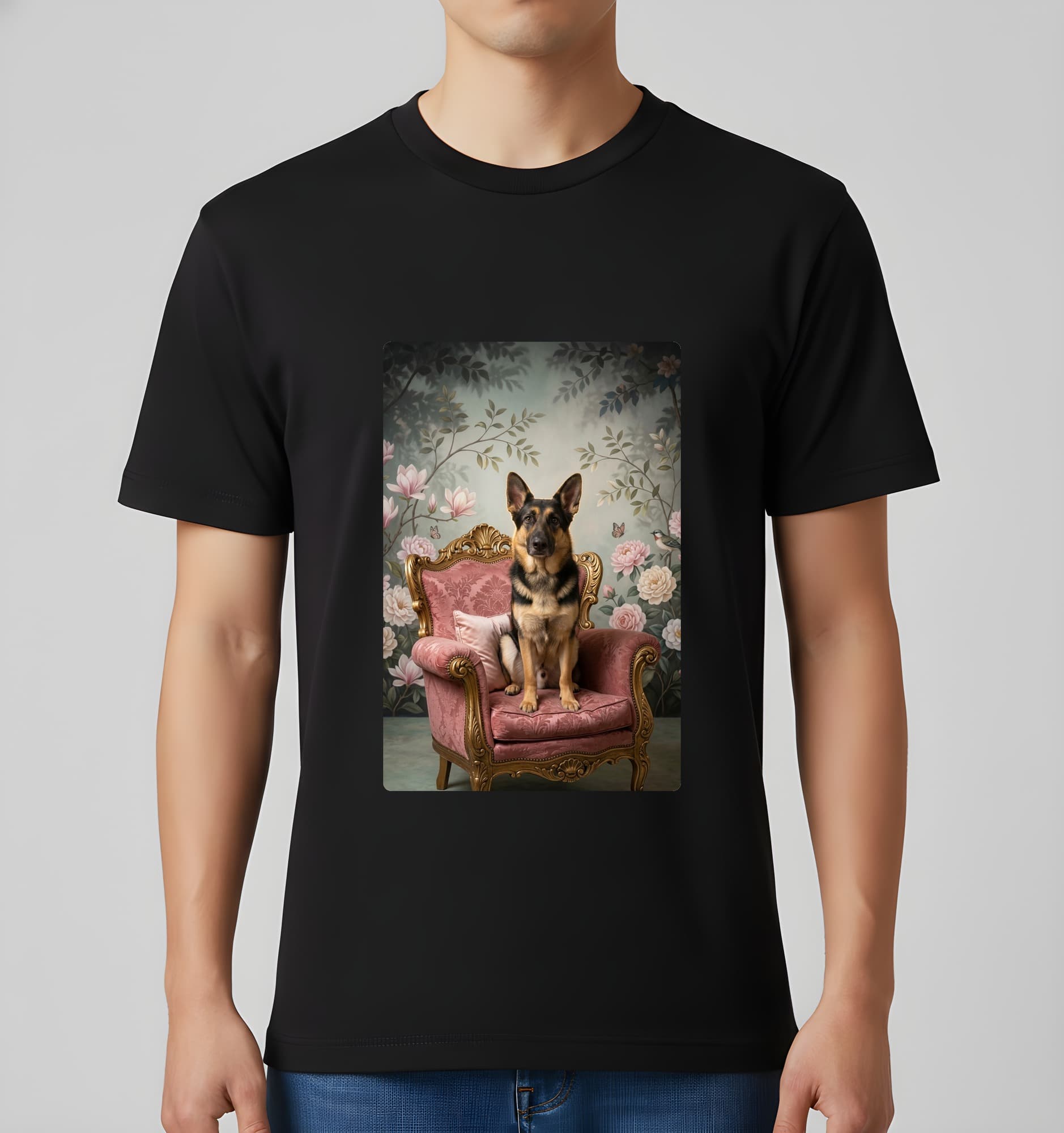 German shepherd Shabby Pink Oil-Painting Rococo T-Shirt (Black) 3