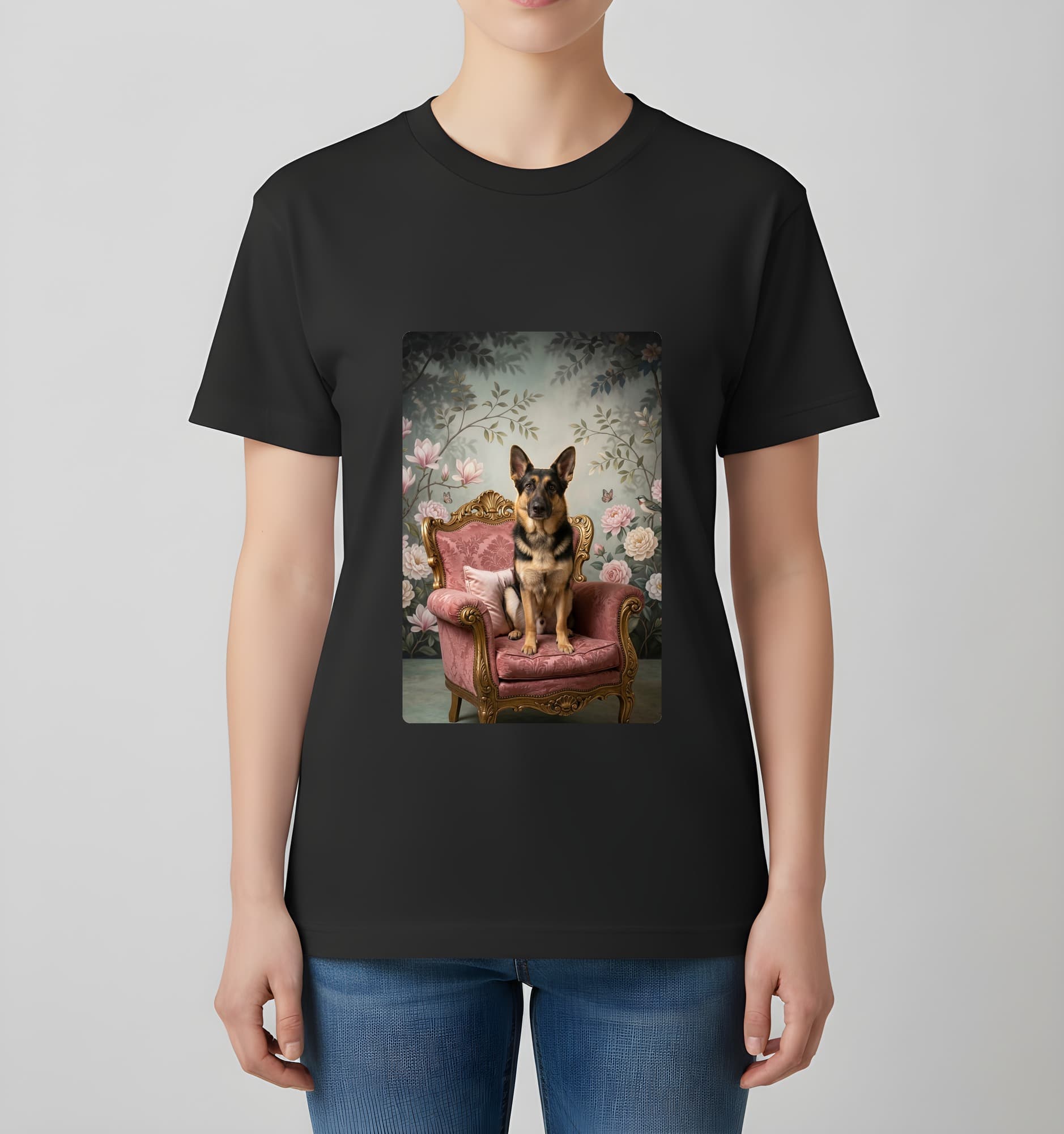 German shepherd Shabby Pink Oil-Painting Rococo T-Shirt (Black) 4