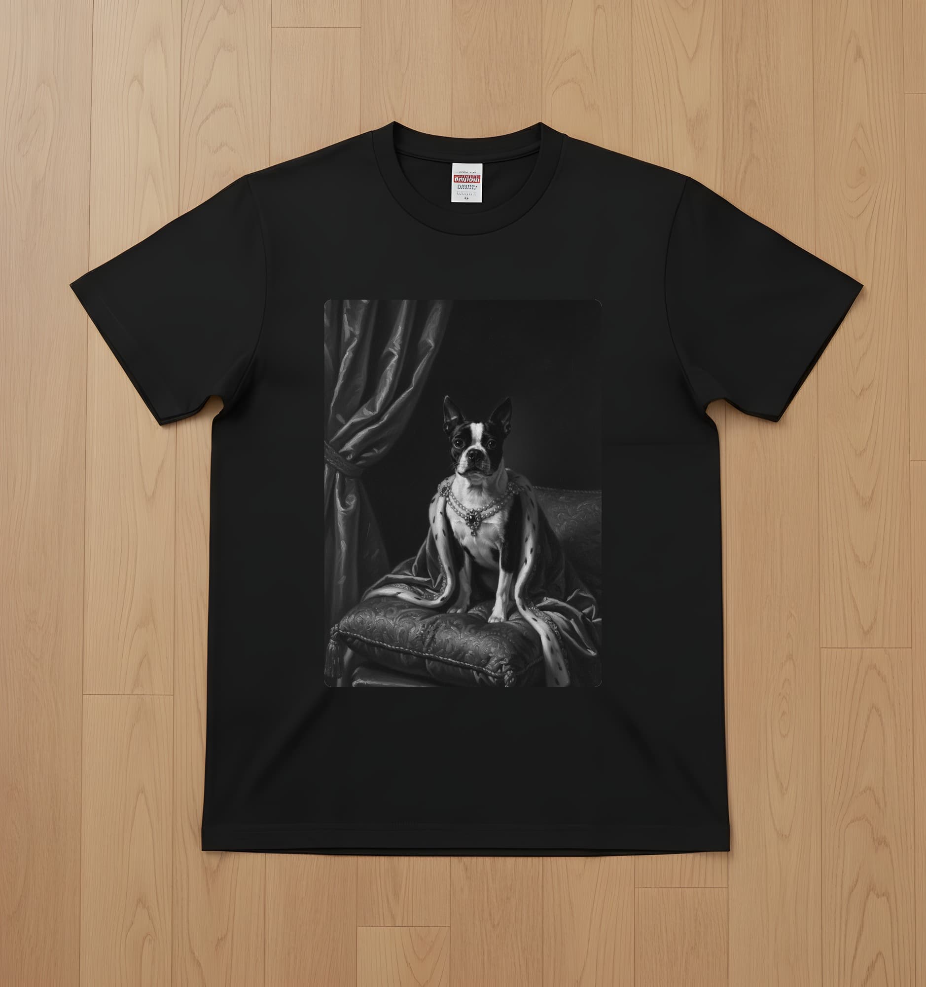 ボストンテリアのルネサンス肖像画Tシャツ(ブラック・モノクロプリント・額縁なし)