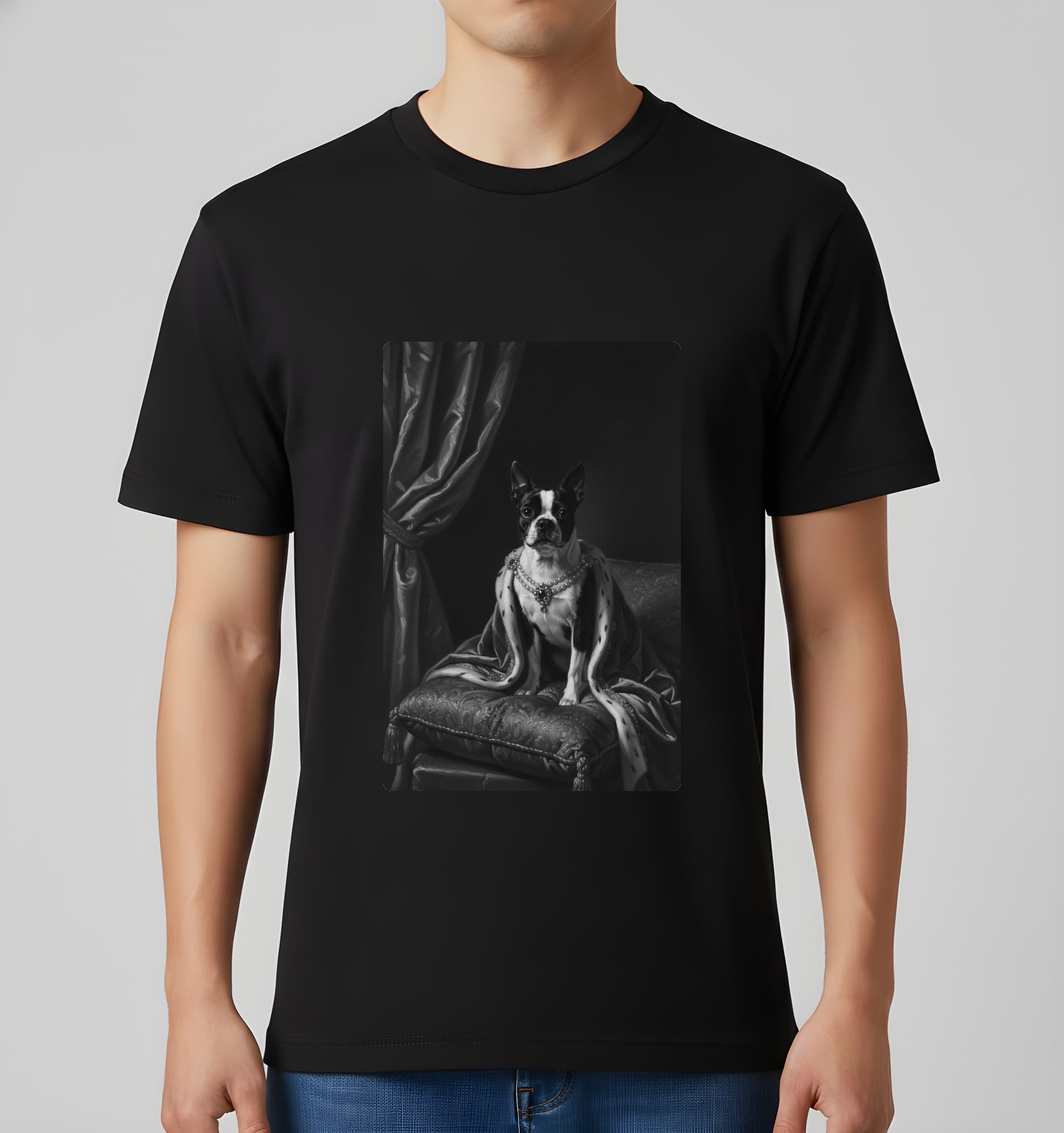 ボストンテリアのルネサンス肖像画Tシャツ(ブラック・モノクロプリント・額縁なし) 3