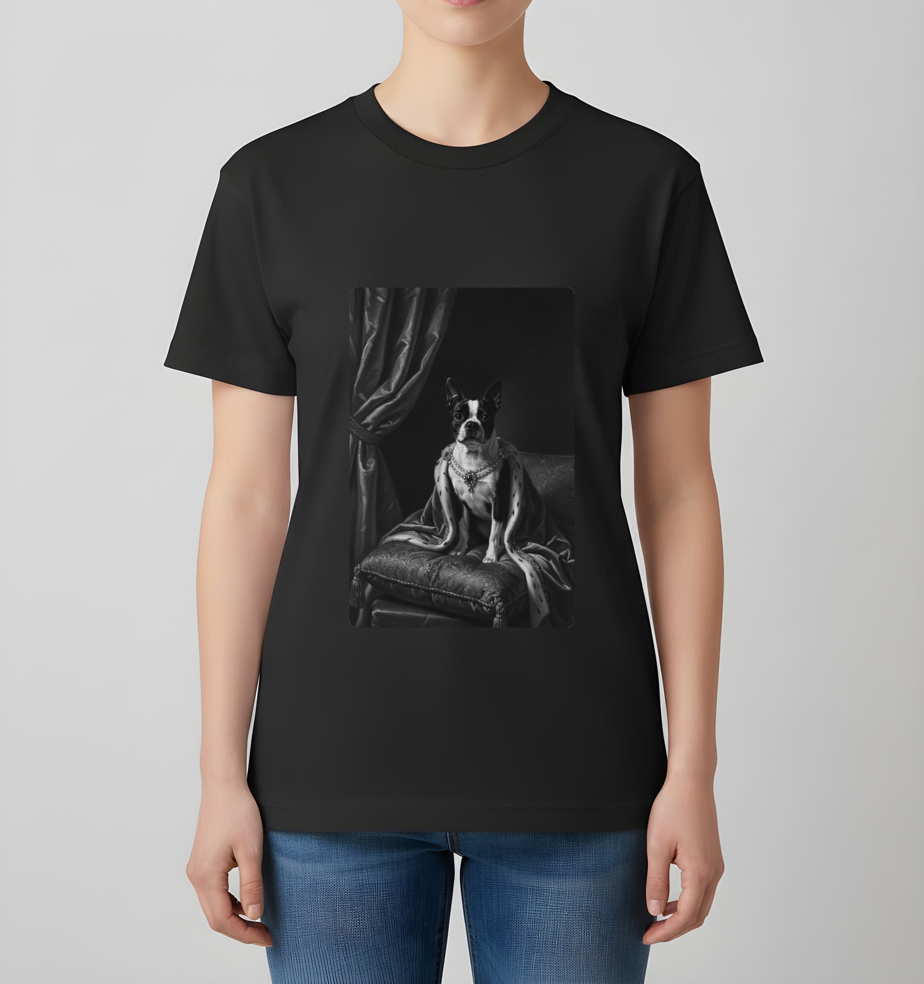 ボストンテリアのルネサンス肖像画Tシャツ(ブラック・モノクロプリント・額縁なし) 4