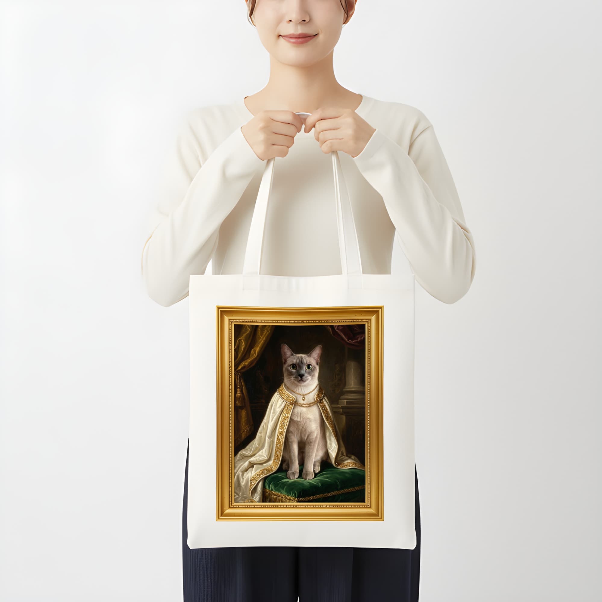 バーミーズのルネサンス肖像画トートバッグ(モノクロプリント・額縁デザインあり) 3