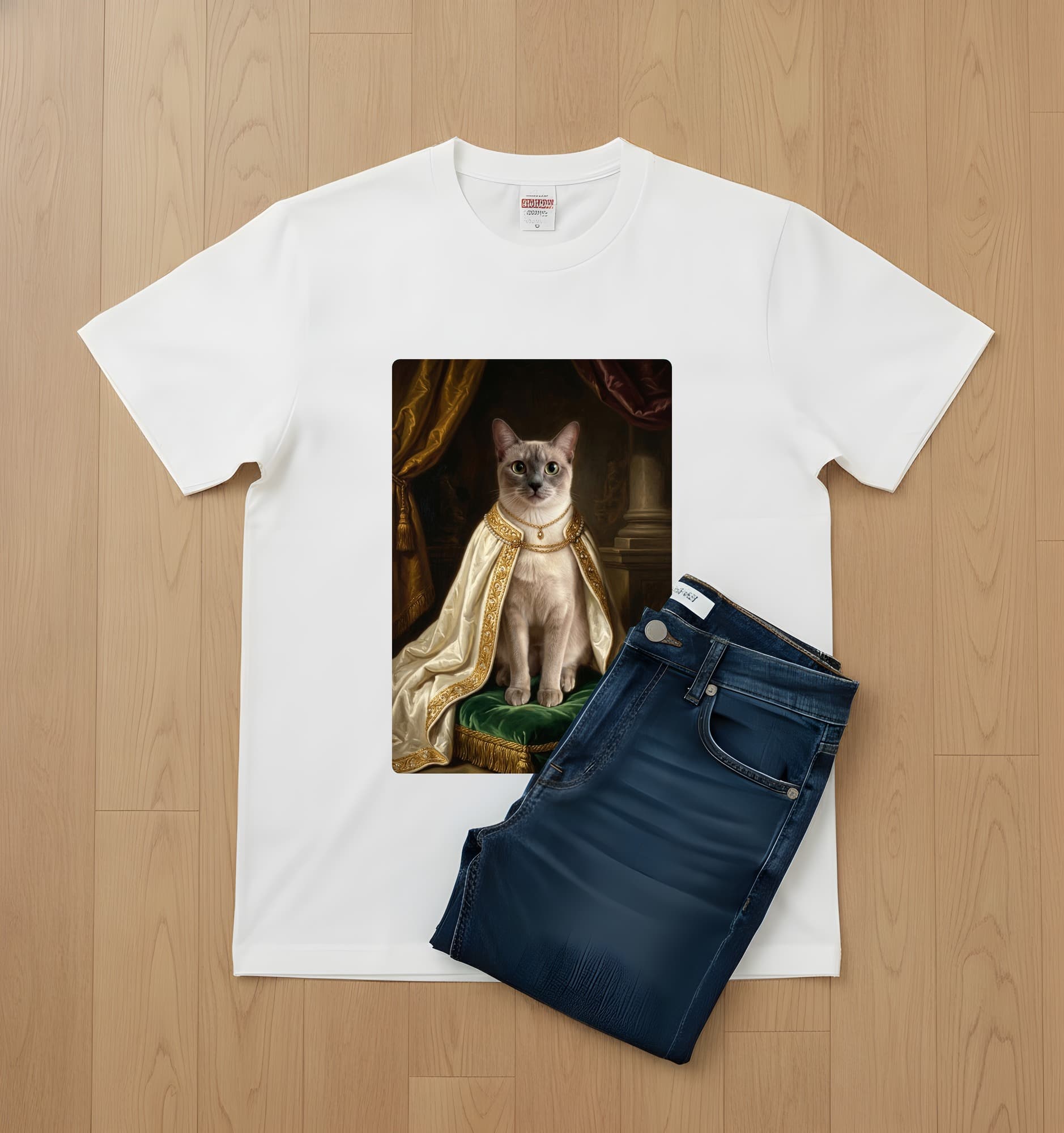 バーミーズのルネサンス肖像画Tシャツ(ホワイト・カラープリント・額縁なし) 2