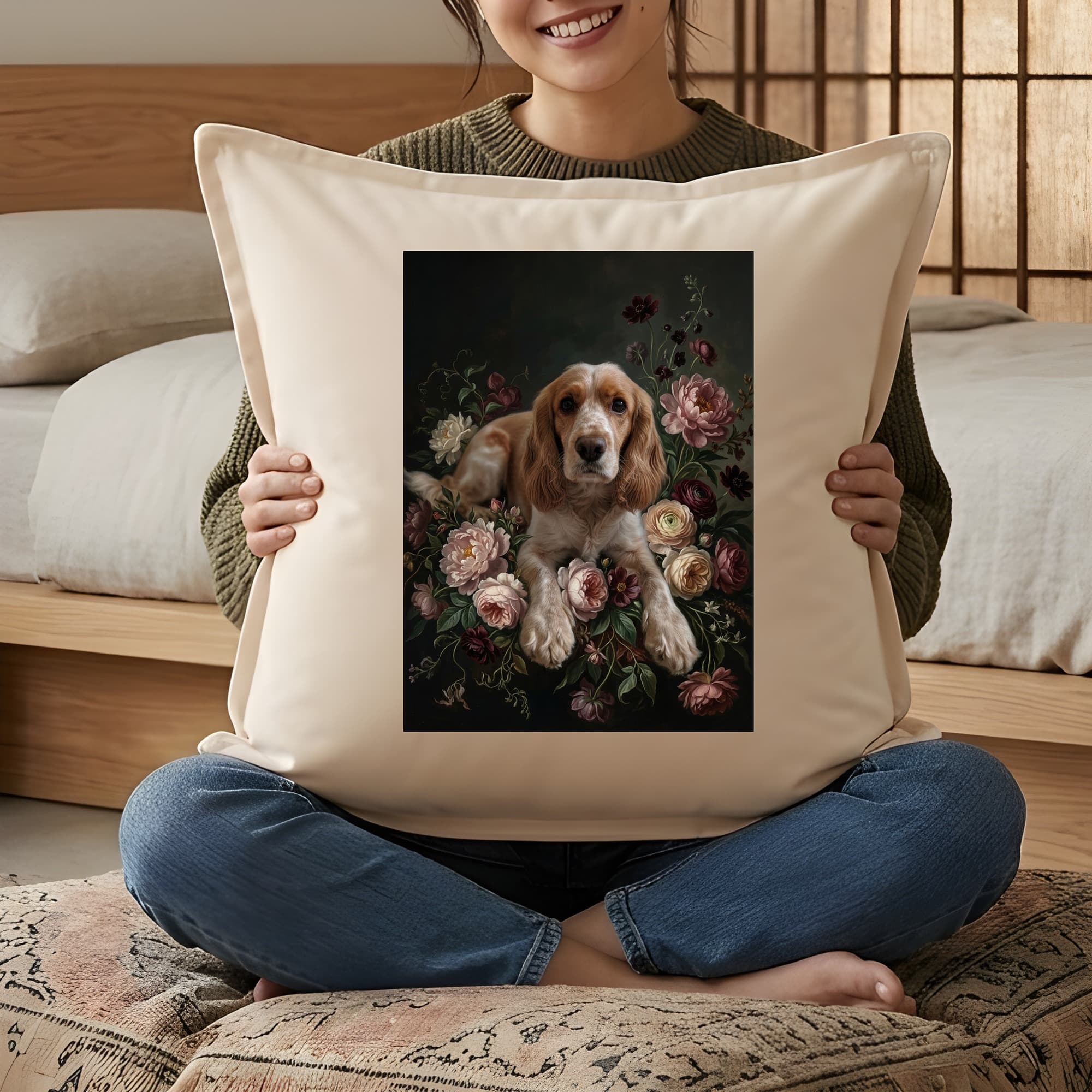 コッカースパニエルの花の油絵風アート花柄クッション 3