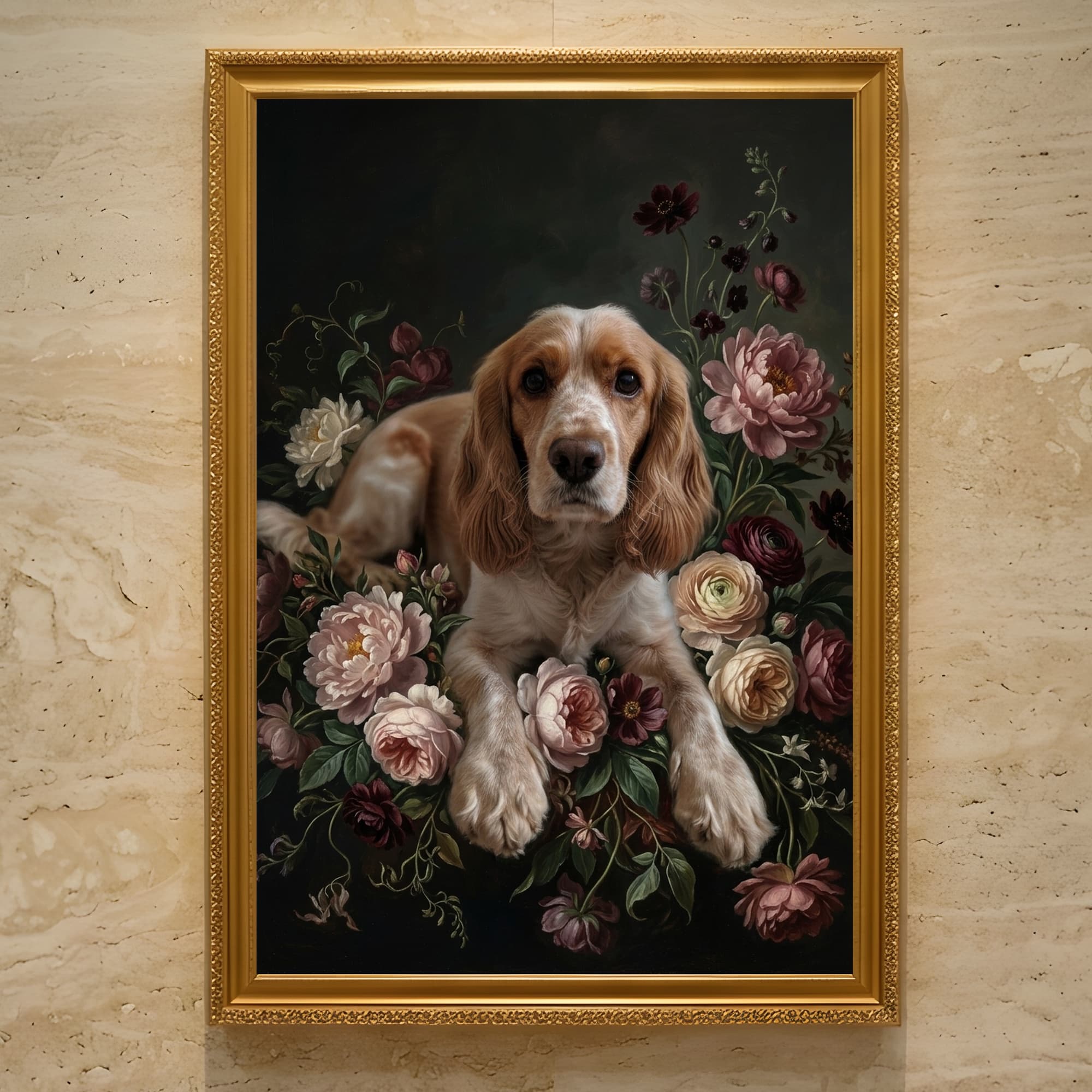 cocker spaniel Floral Oil-Painting Floral Framed Art Print (A3)