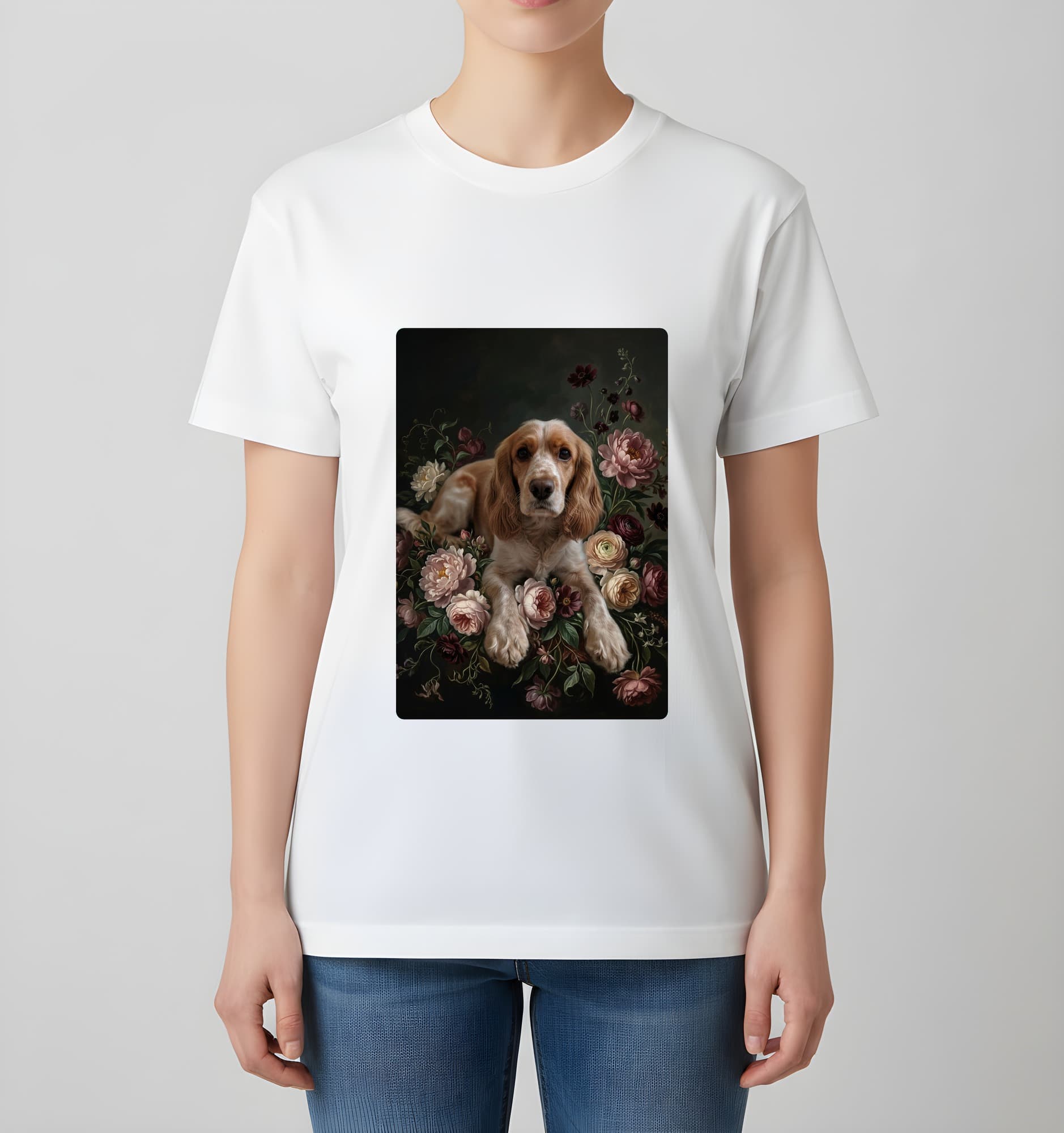 コッカースパニエルの花の油絵風アート花柄Tシャツ(ホワイト) 4