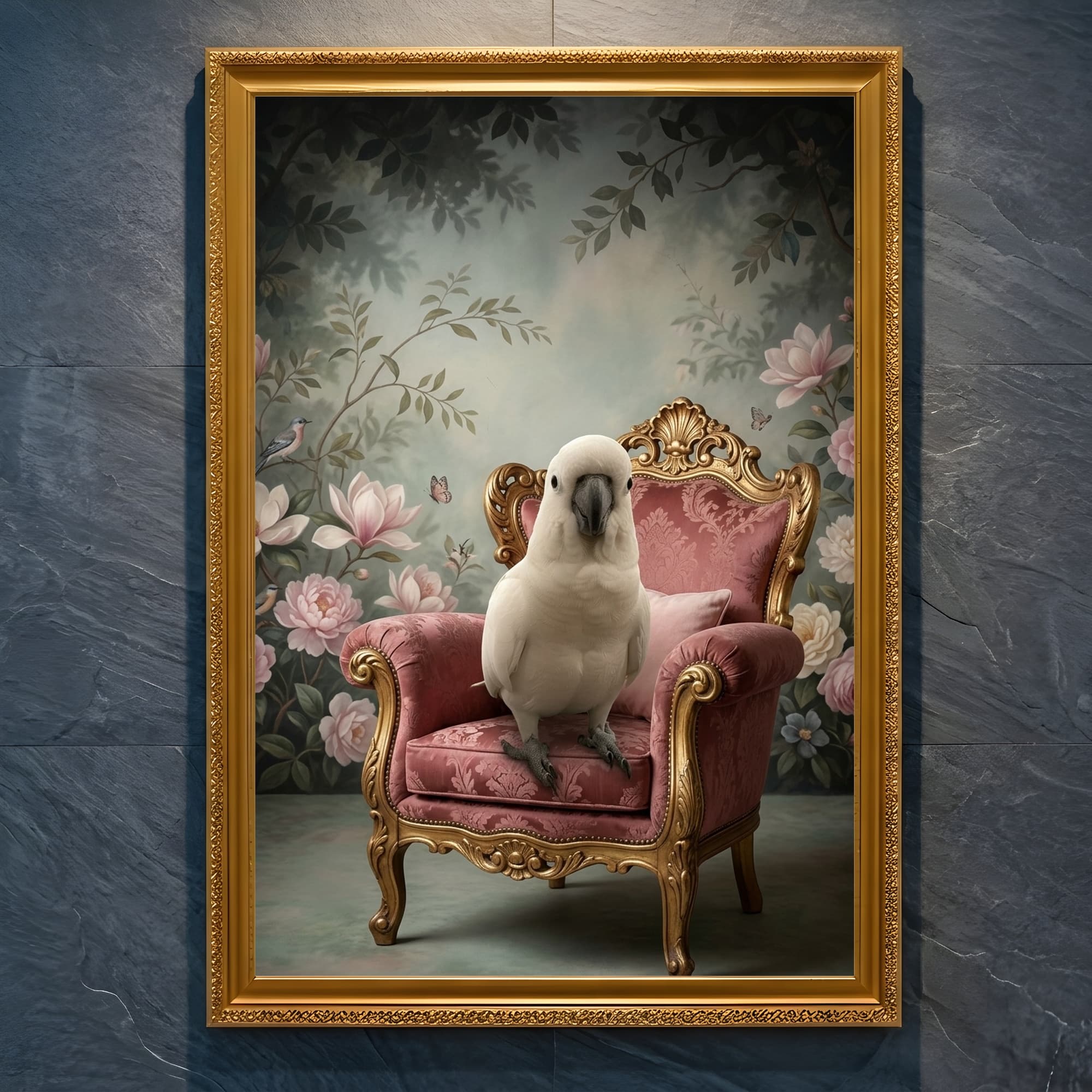 Sulphur-crested Cockatoo Shabby Pink Oil-Painting Rococo Framed Art Print (A4 Gold)