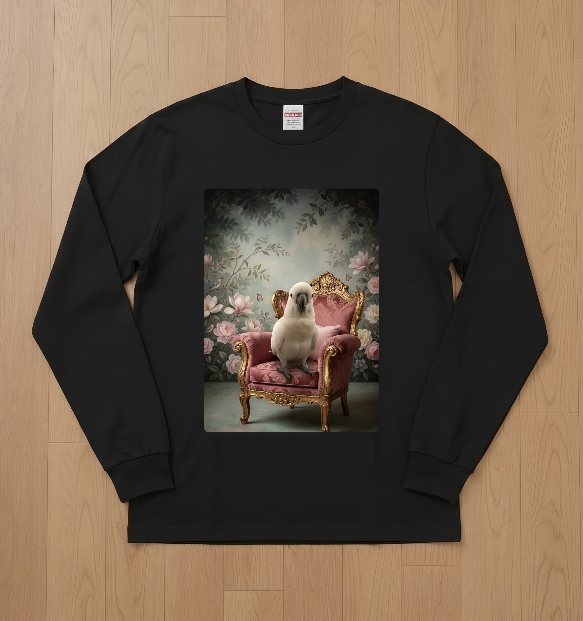 Sulphur-crested Cockatoo Shabby Pink Oil-Painting Rococo Long Sleeve T-Shirt (Black)