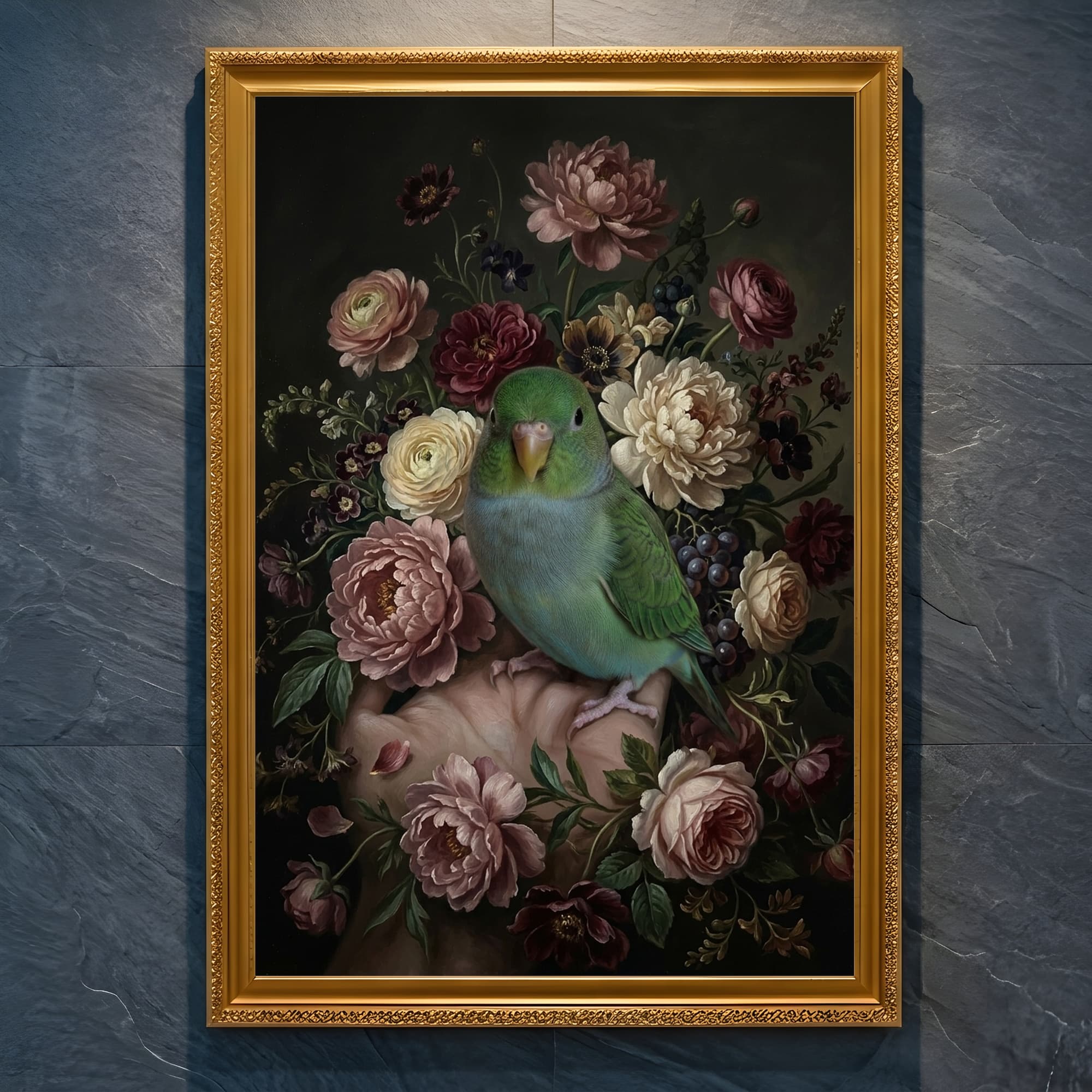 Lineolated Parakeet Floral Oil-Painting Floral Framed Art Print (A4 Gold)