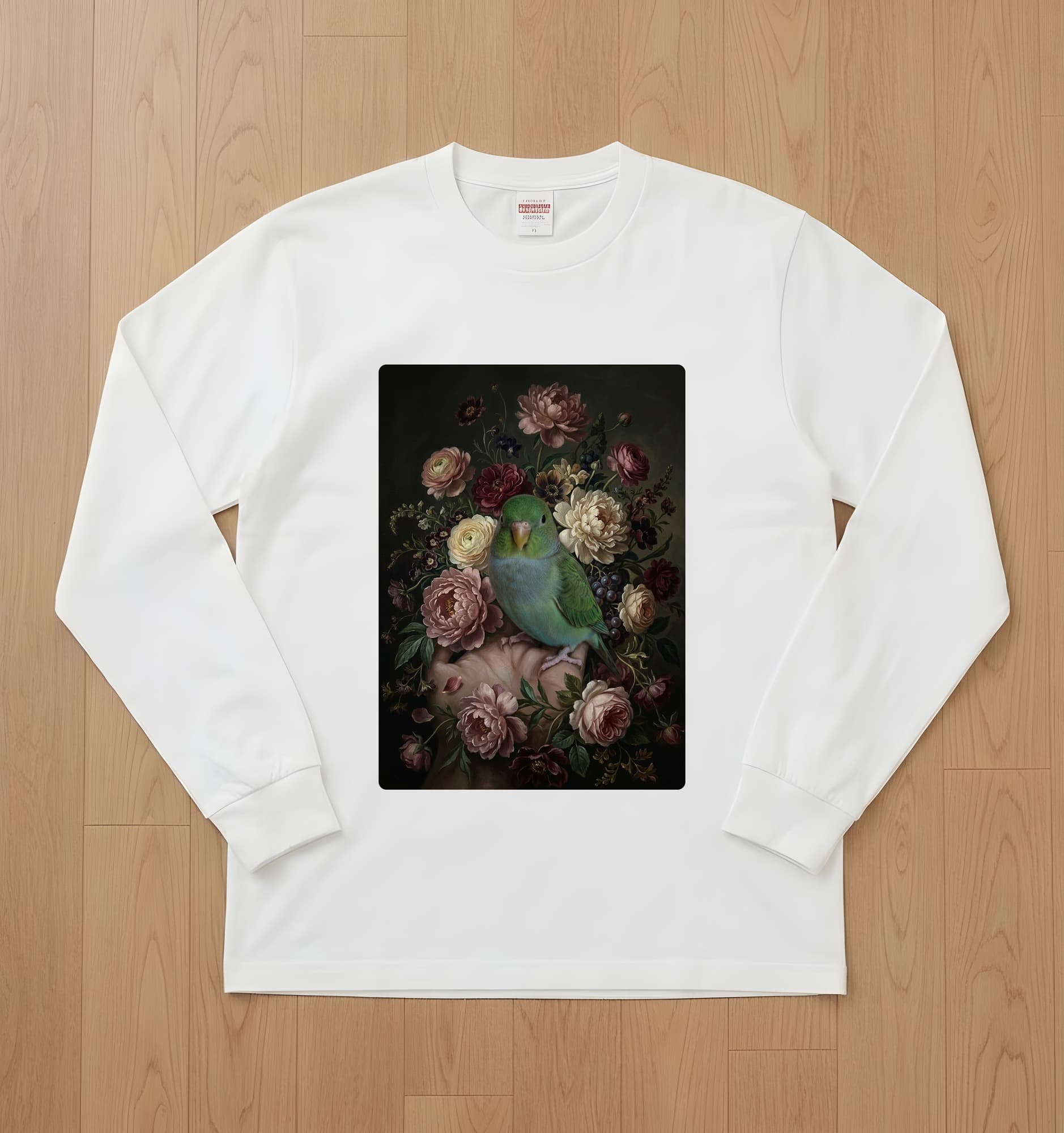 Lineolated Parakeet Floral Oil-Painting Floral Long Sleeve T-Shirt (White)