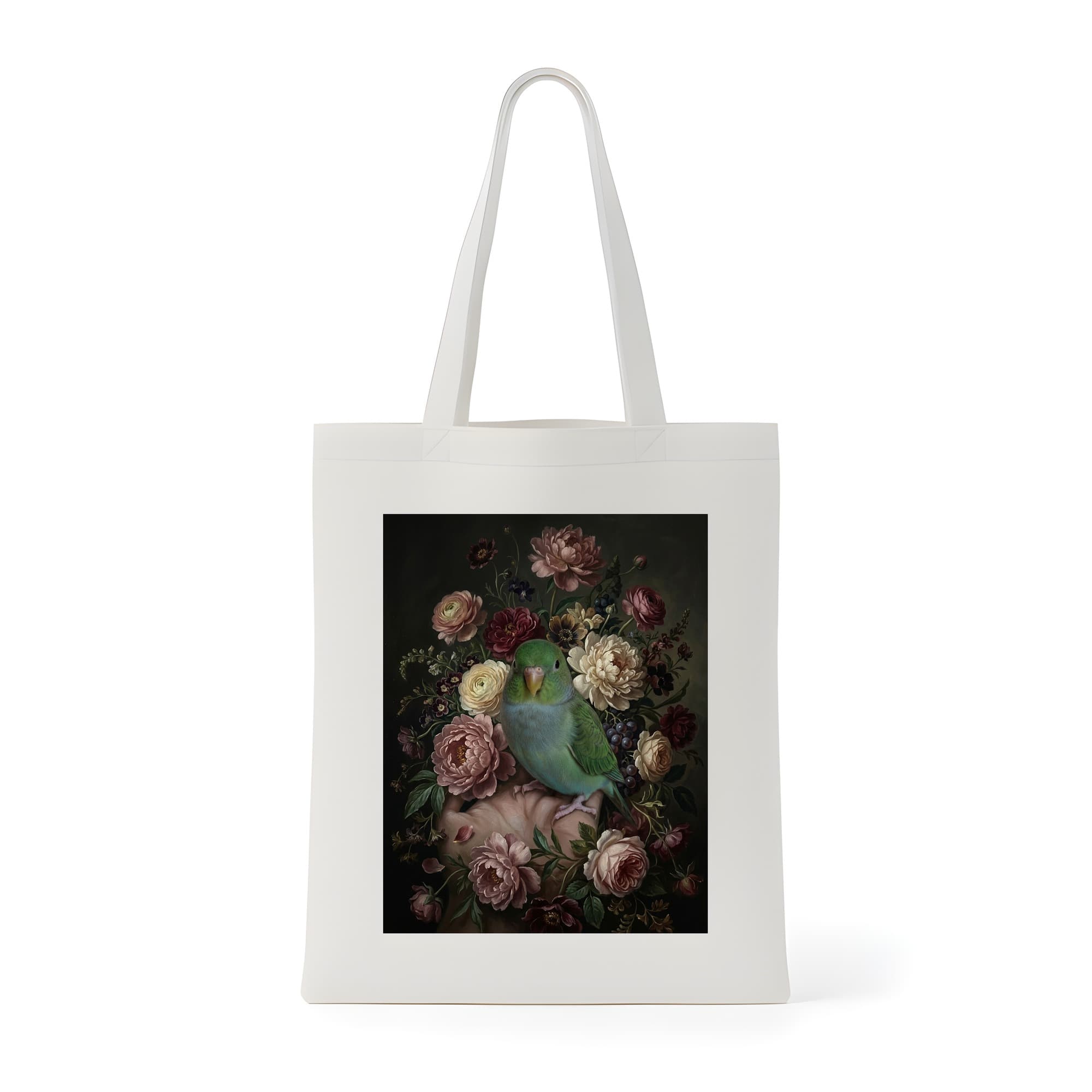 サザナミインコの花の油絵風アート花柄トートバッグ