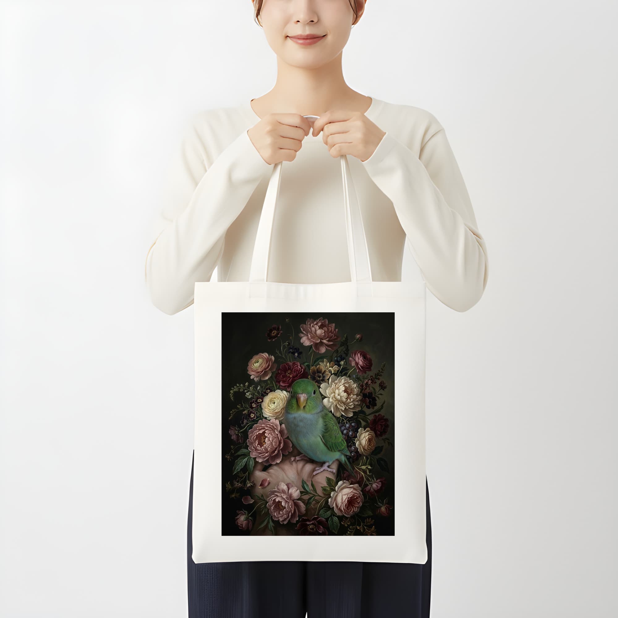 サザナミインコの花の油絵風アート花柄トートバッグ 3