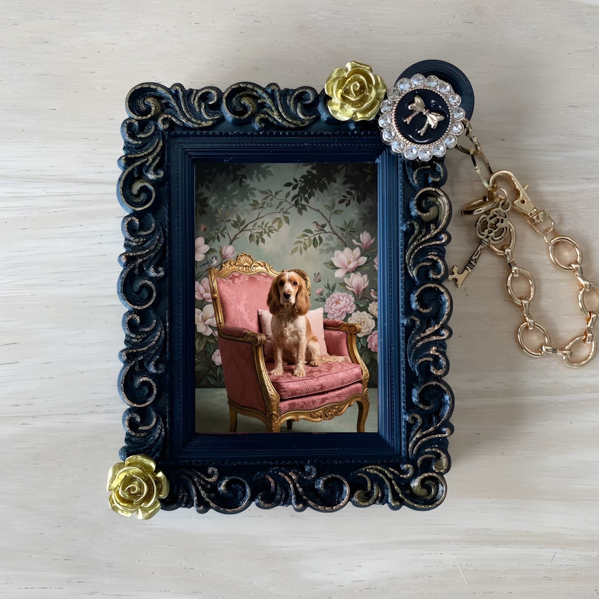 cocker spaniel Shabby Pink Oil-Painting Rococo Bag Charm (Black)