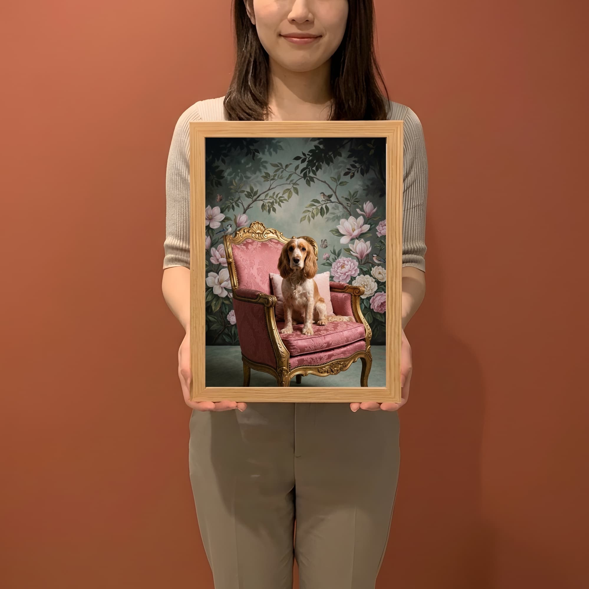 コッカースパニエルのシャビーピンクの油絵風アートロココ調額装プリント(A4サイズ) 2