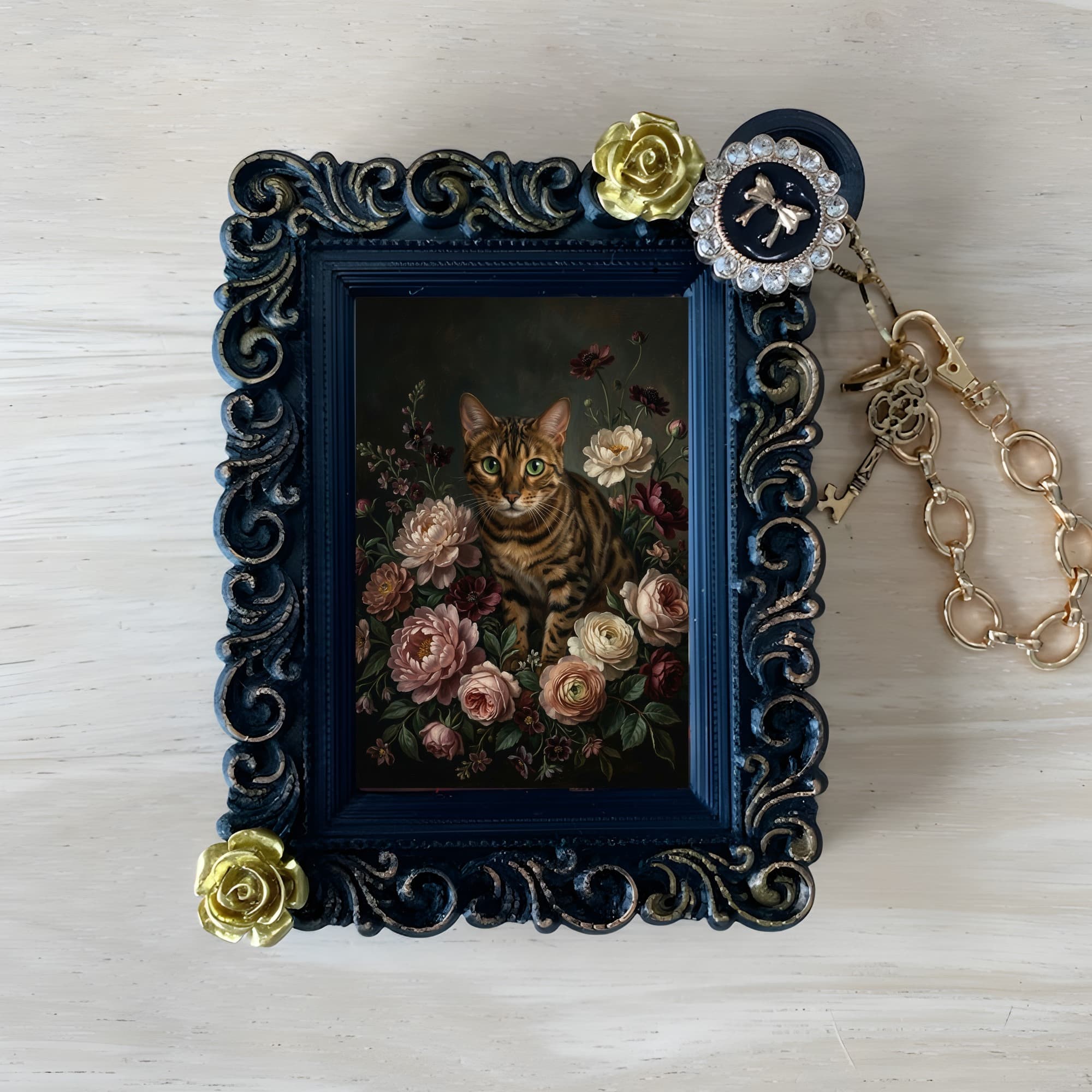 Bengal Floral Oil-Painting Floral Bag Charm (Black)