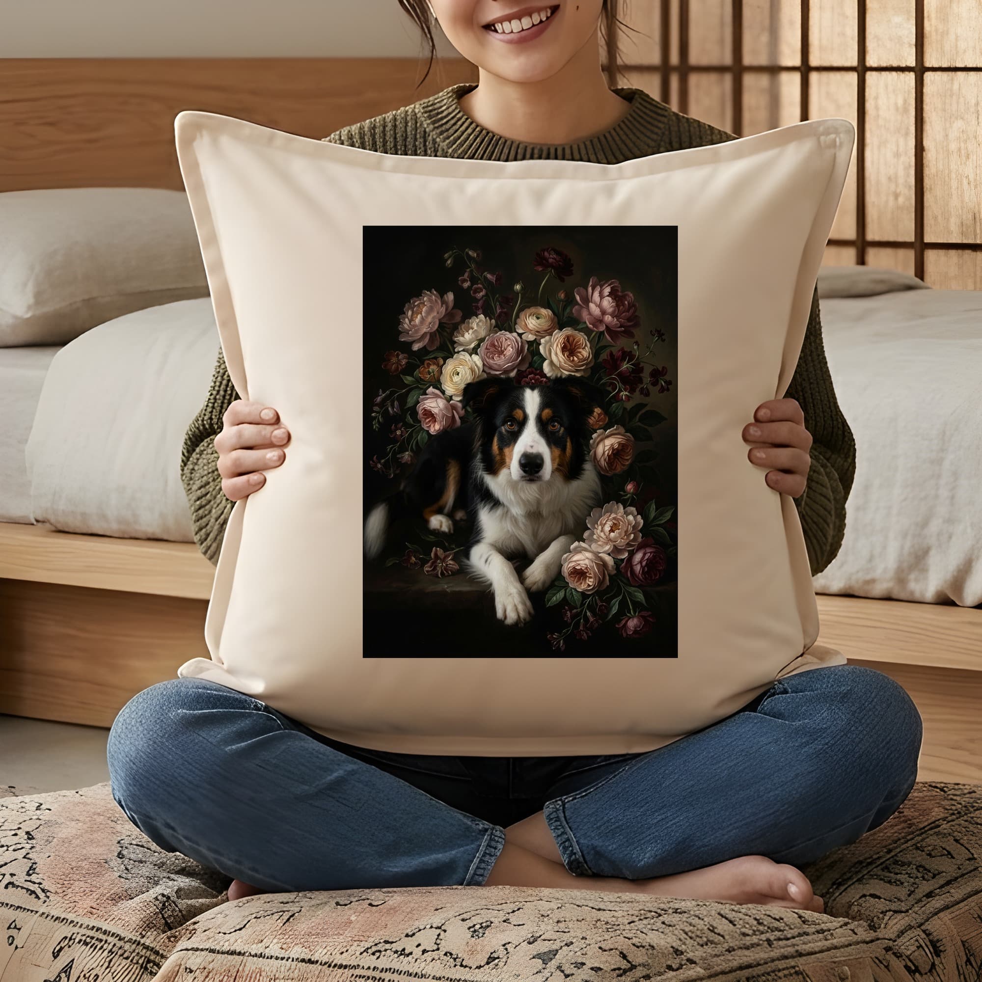 ボーダーコリーの花の油絵風アート花柄クッション 3