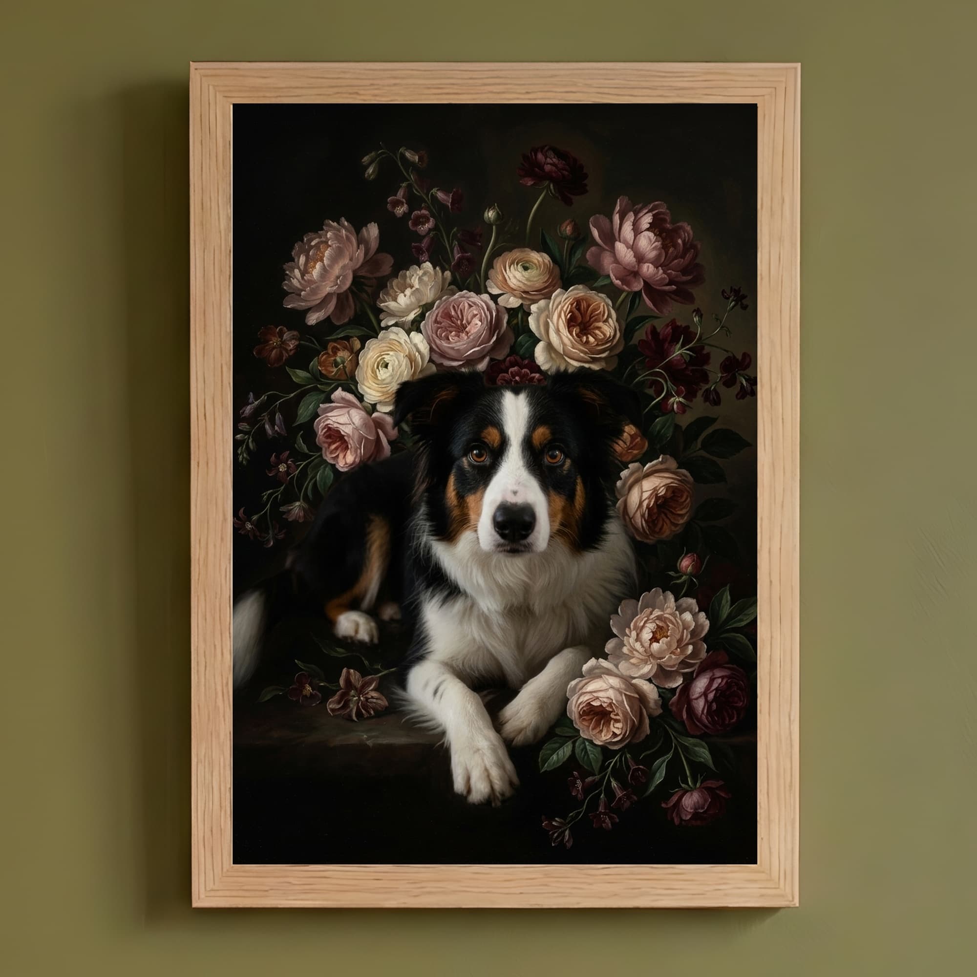 border collie Floral Oil-Painting Floral Framed Art Print (A4)
