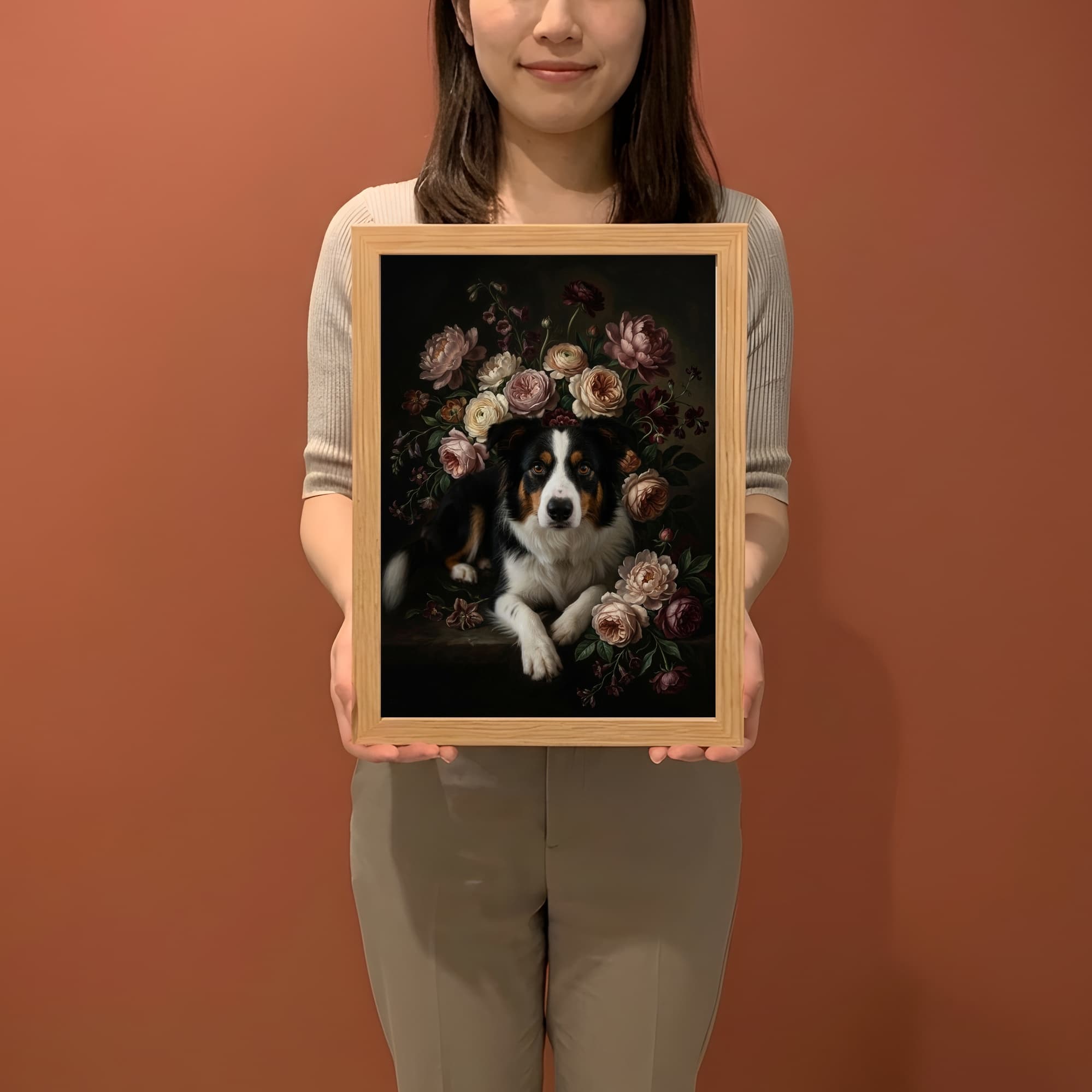 border collie Floral Oil-Painting Floral Framed Art Print (A4) 2