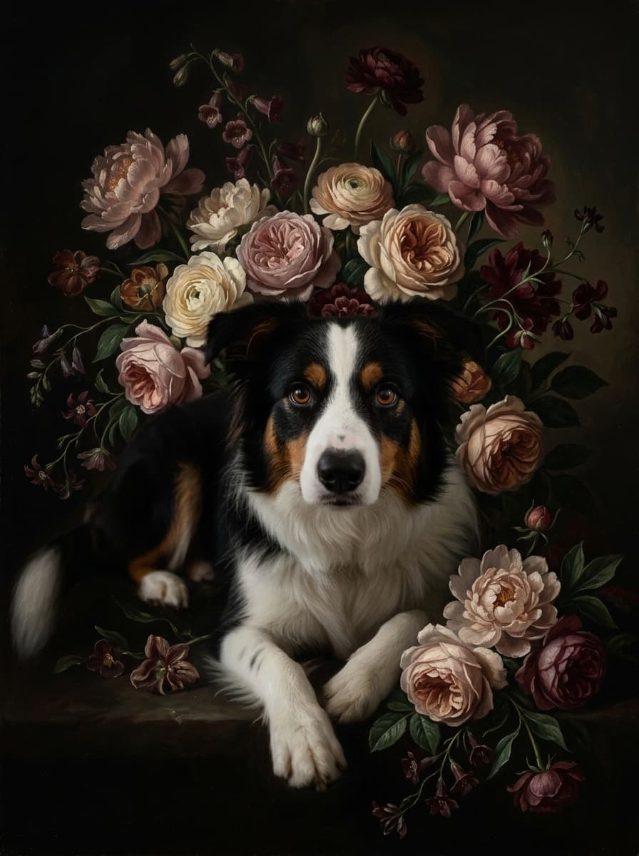 border collie Floral Oil-Painting Floral Framed Art Print (A4) 4