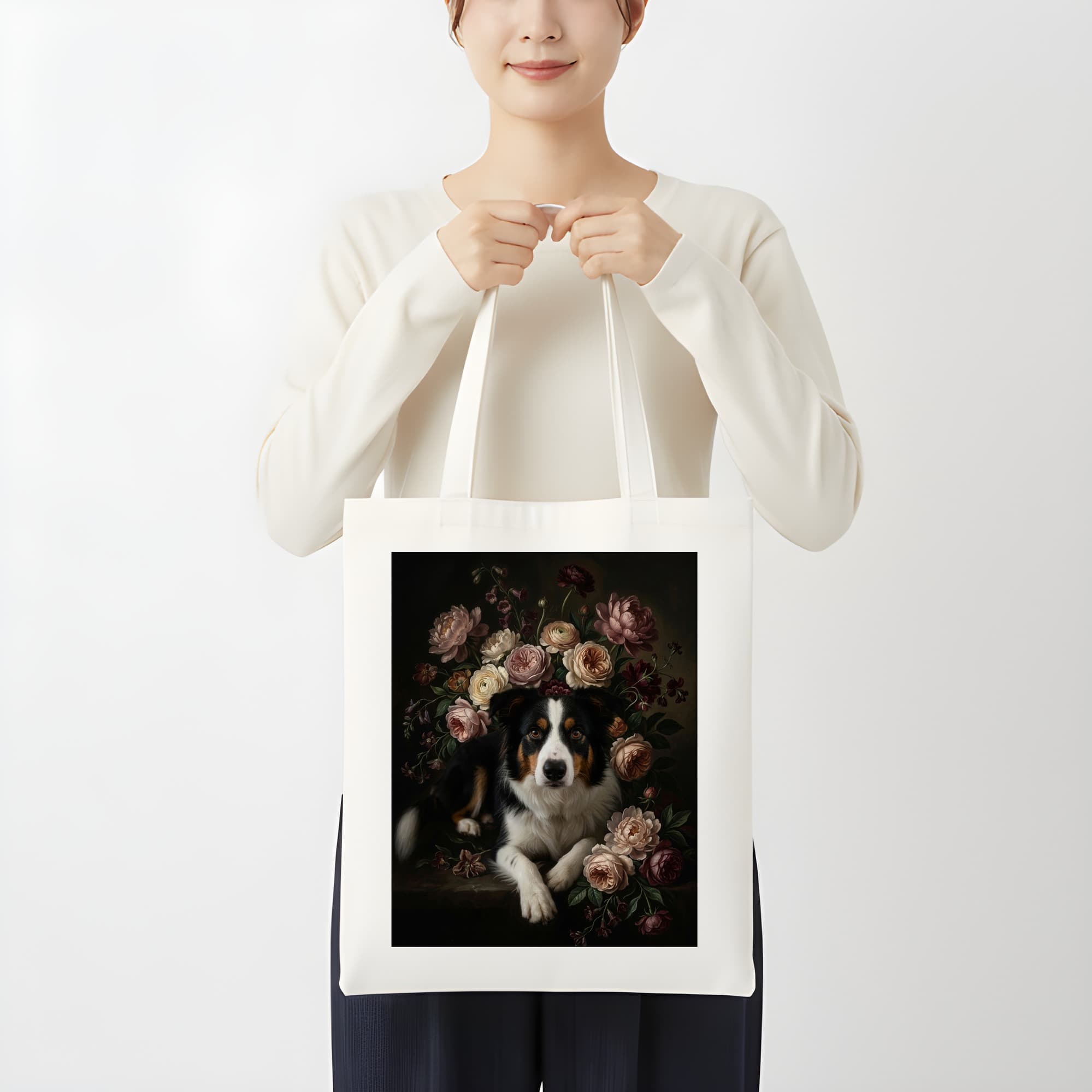 border collie Floral Oil-Painting Floral Tote Bag 3