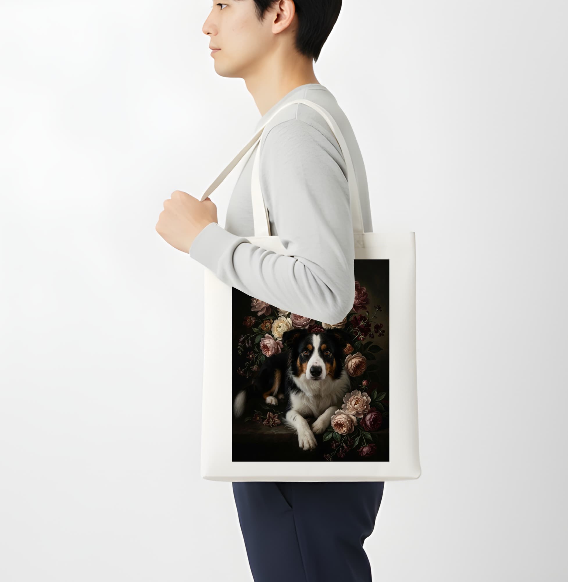 border collie Floral Oil-Painting Floral Tote Bag 4