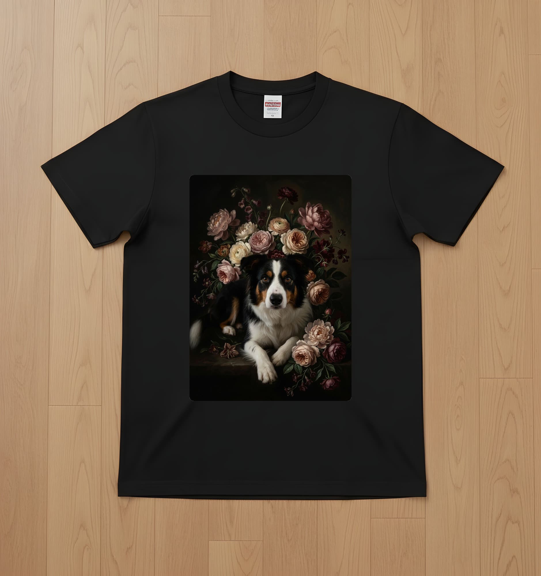 border collie Floral Oil-Painting Floral T-Shirt (Black)