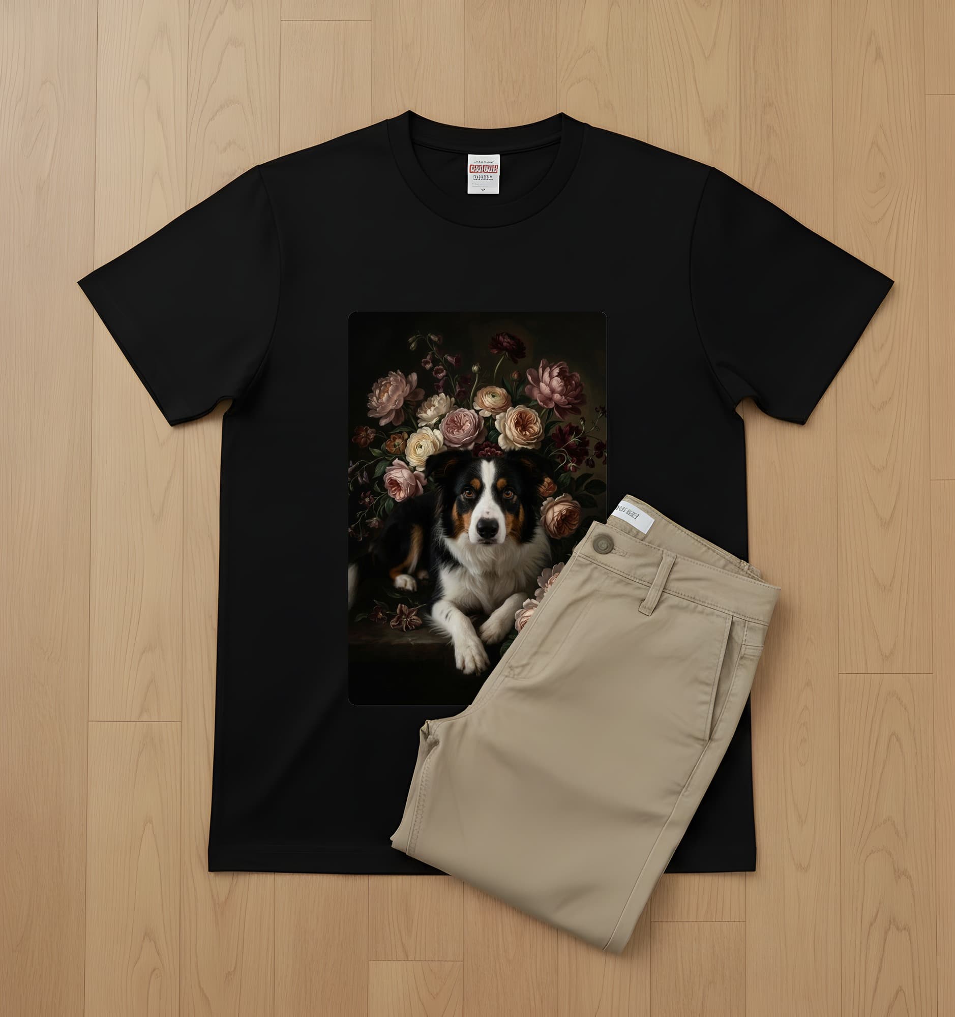 border collie Floral Oil-Painting Floral T-Shirt (Black) 2