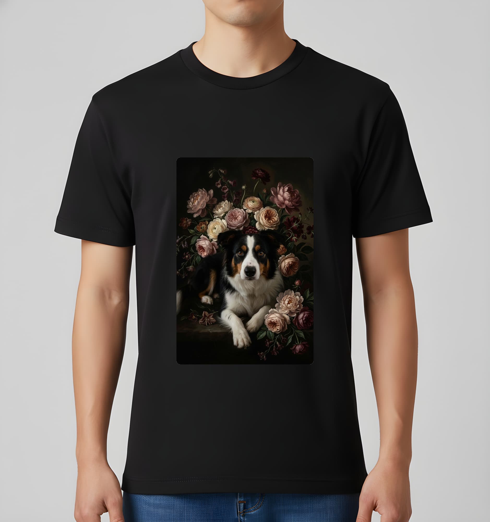 border collie Floral Oil-Painting Floral T-Shirt (Black) 3