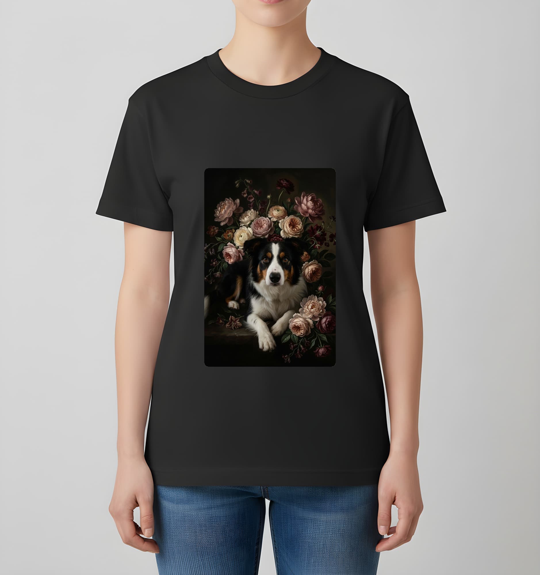 border collie Floral Oil-Painting Floral T-Shirt (Black) 4