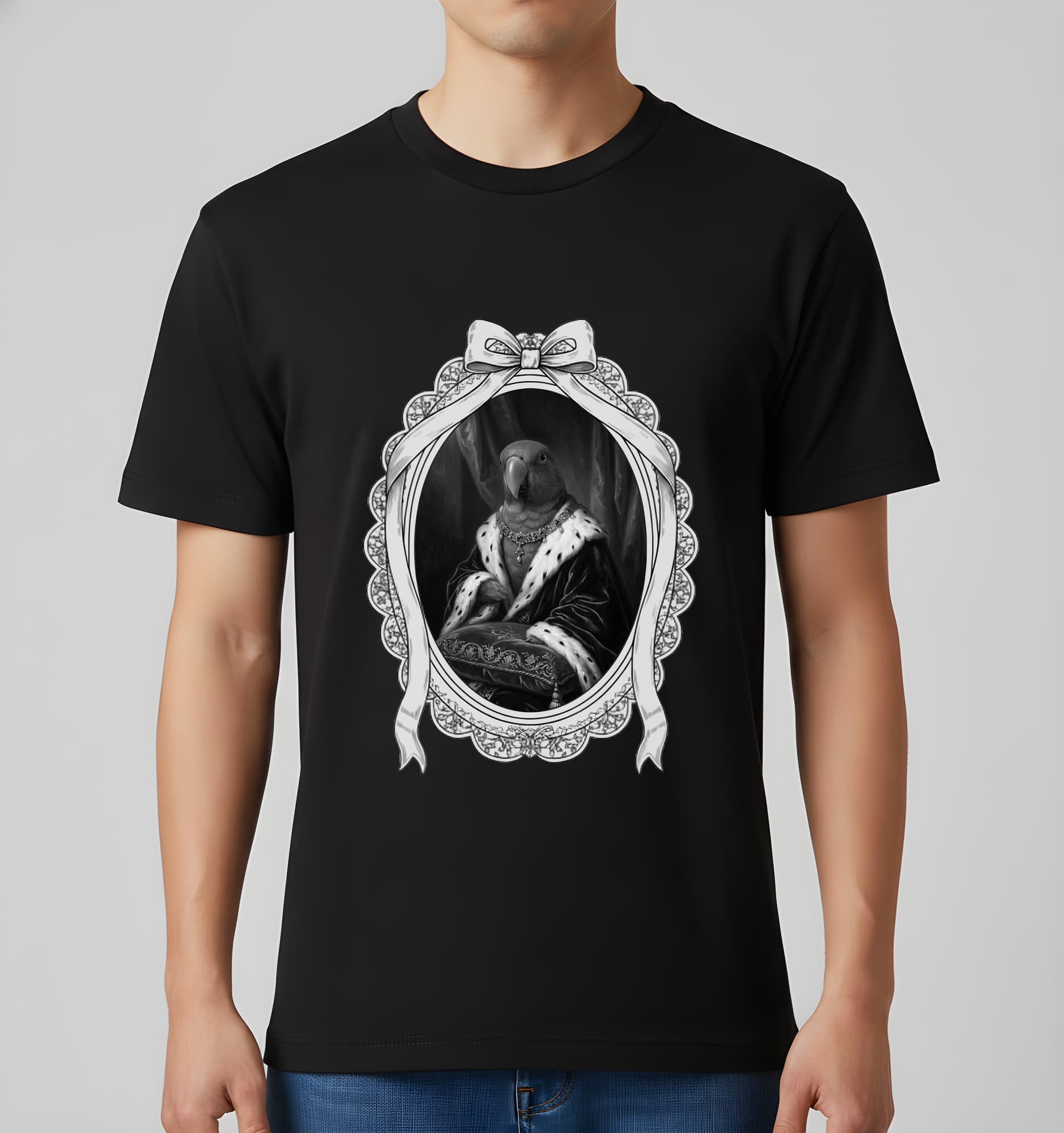 オオハナインコのルネサンス肖像画Tシャツ(ブラック・モノクロプリント・額縁デザインあり) 2