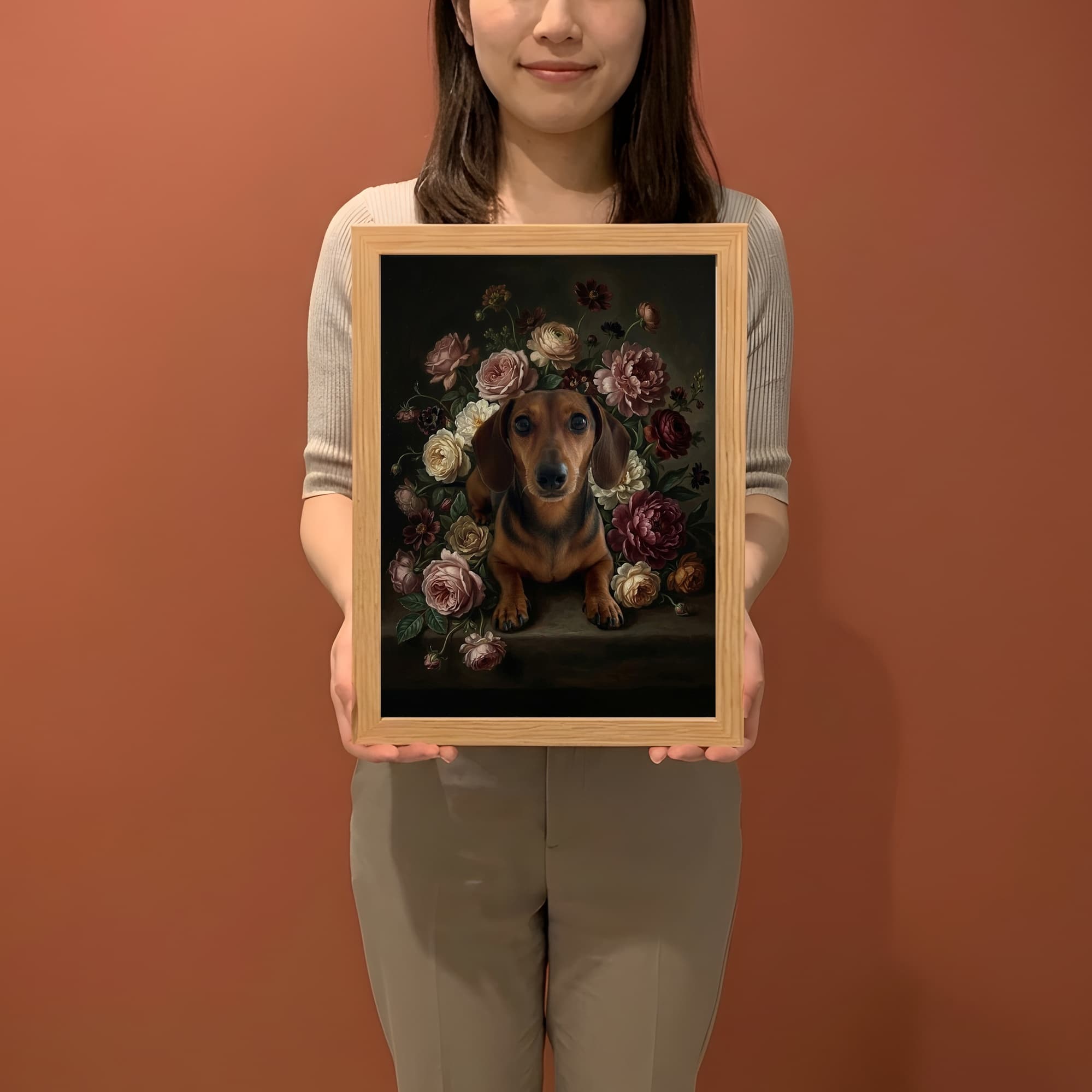 ミニチュアダックスフンドの花の油絵風アート花柄額装プリント(A3サイズ) 2
