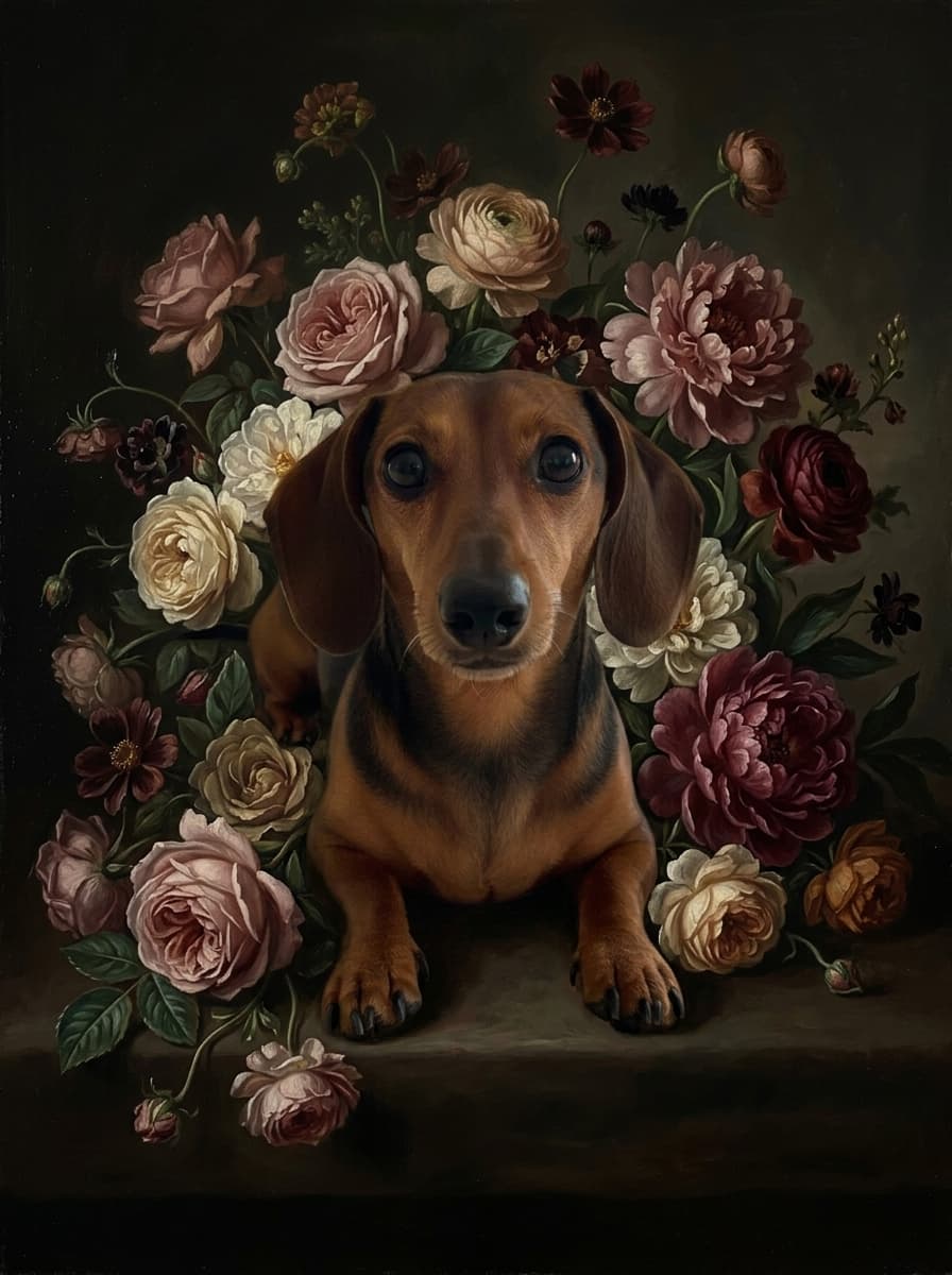 ミニチュアダックスフンドの花の油絵風アート花柄額装プリント(A3サイズ) 4