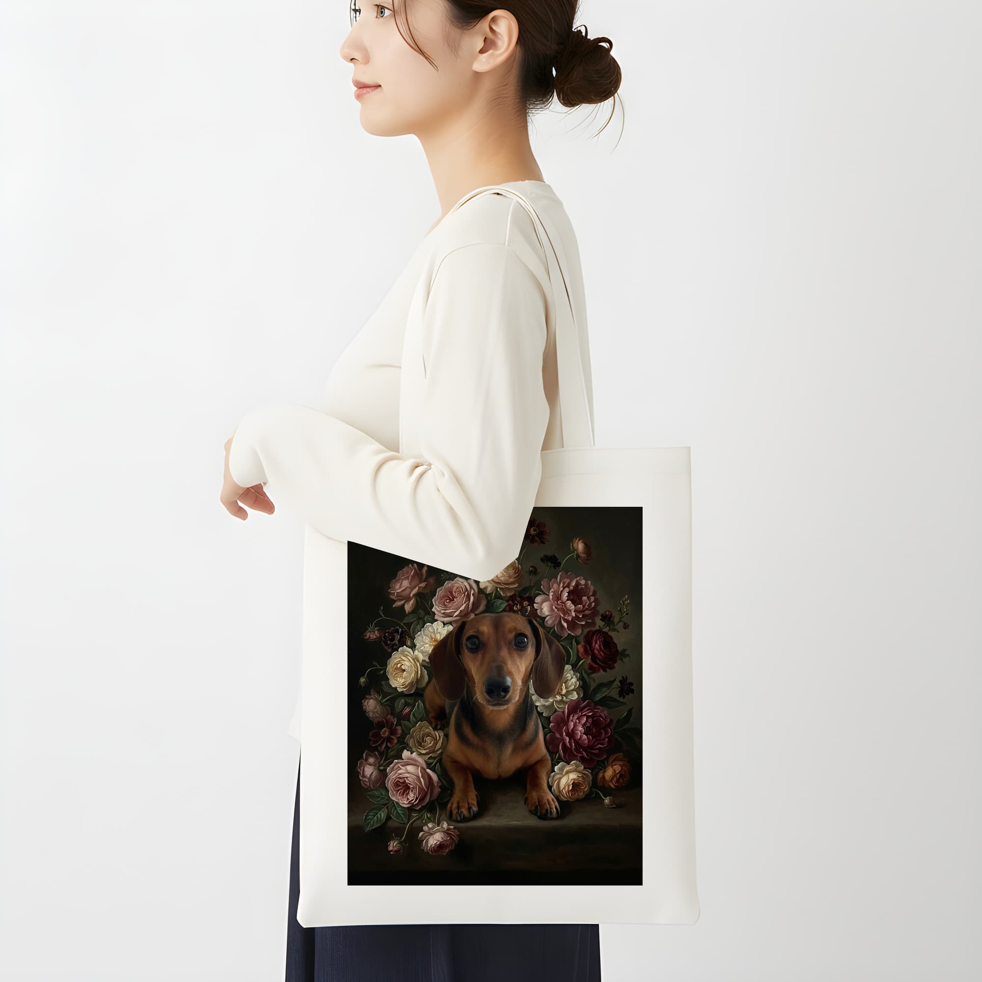 ミニチュアダックスフンドの花の油絵風アート花柄トートバッグ 2