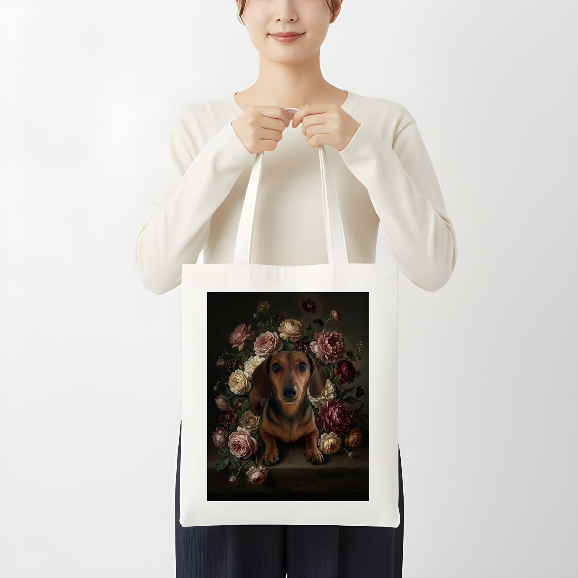 ミニチュアダックスフンドの花の油絵風アート花柄トートバッグ 3