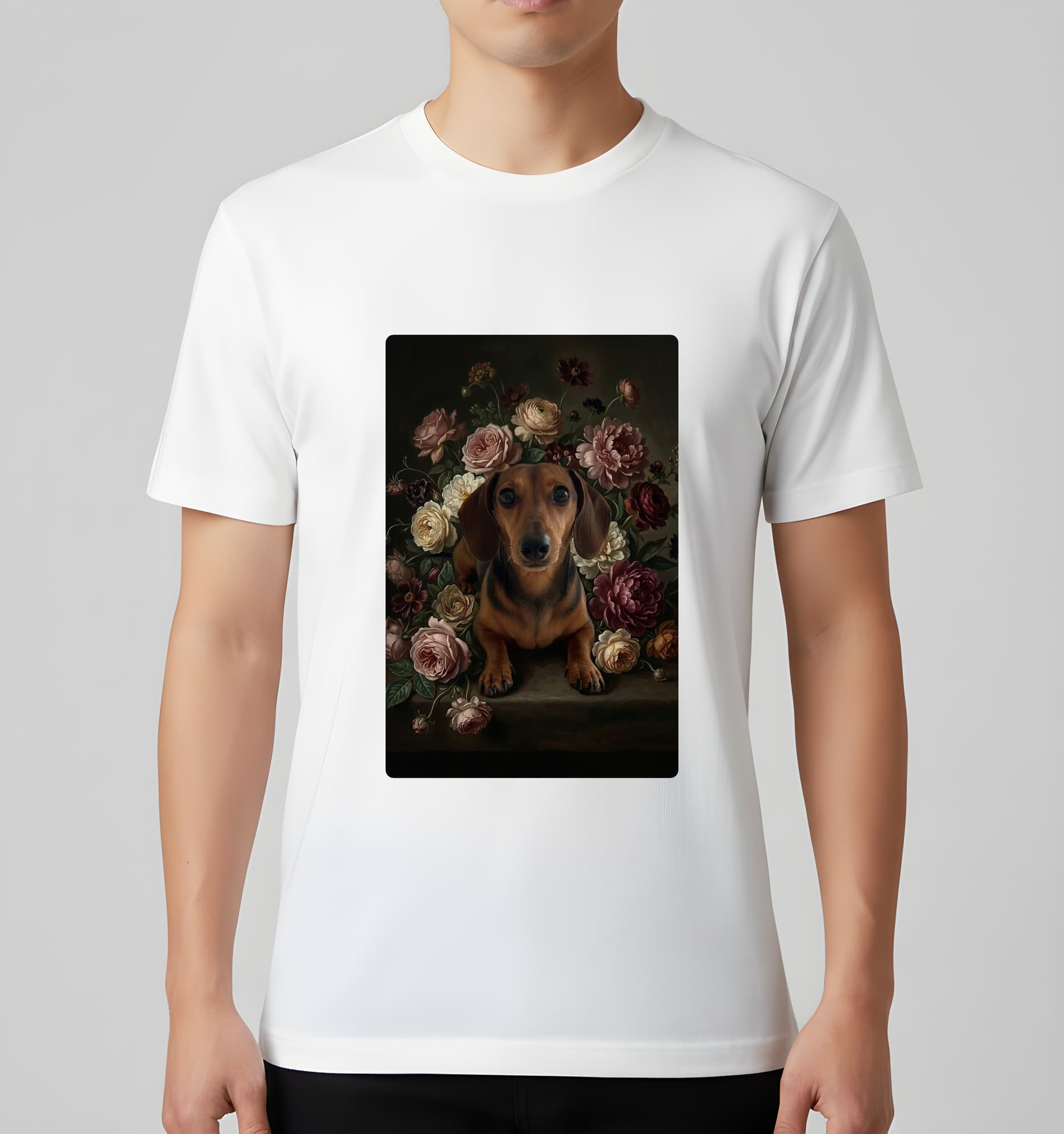ミニチュアダックスフンドの花の油絵風アート花柄Tシャツ(ブラック) 3