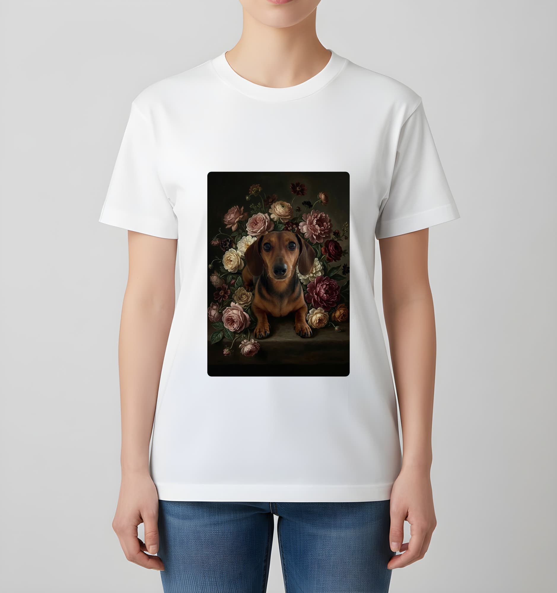 ミニチュアダックスフンドの花の油絵風アート花柄Tシャツ(ブラック) 4