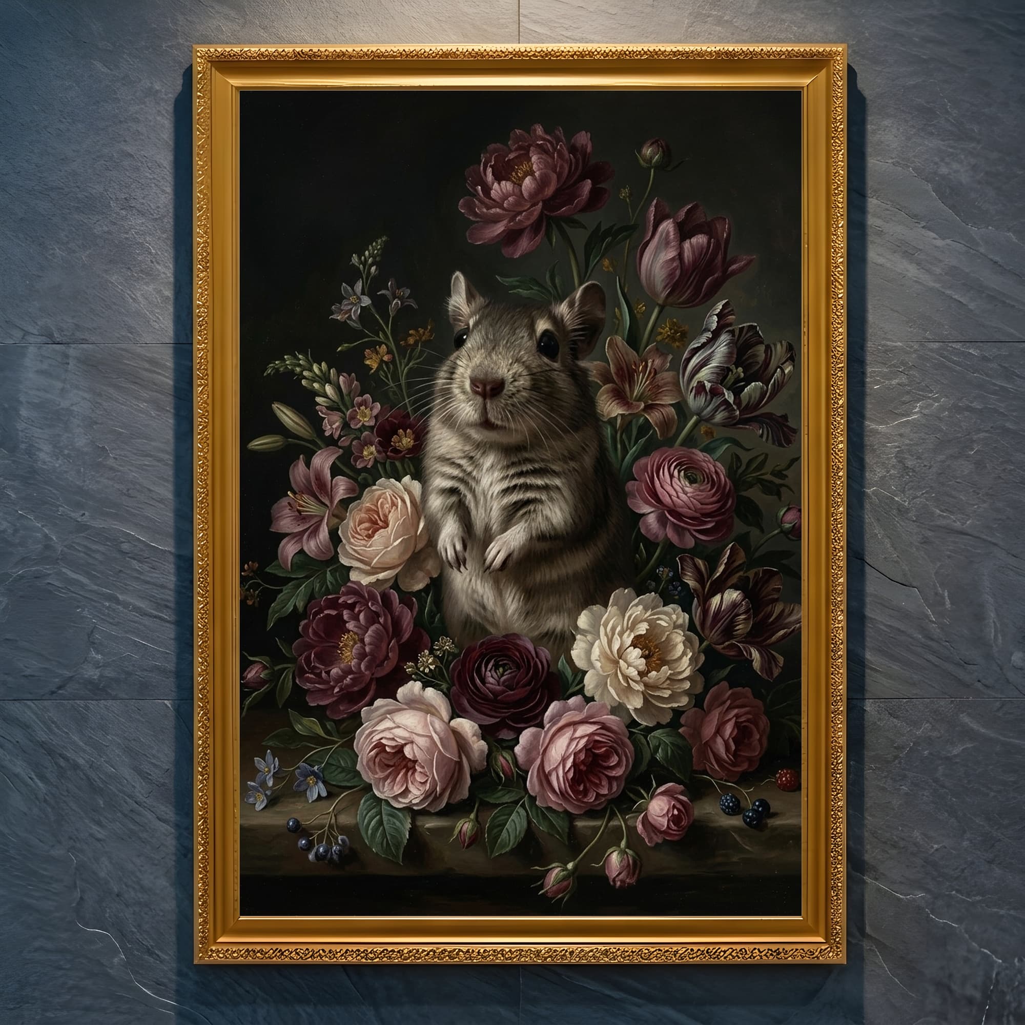 デグーの花の油絵風アート花柄額装プリント(A4金縁)