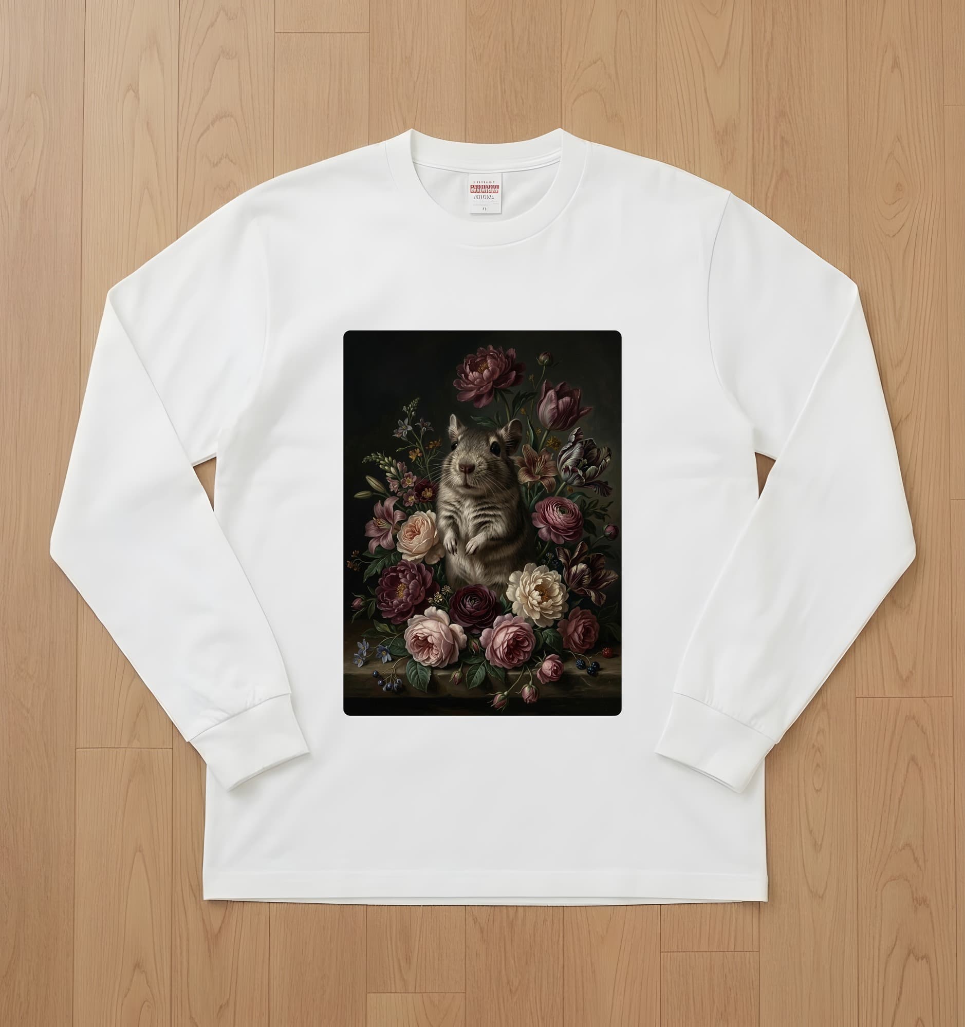 Degu Floral Oil-Painting Floral Long Sleeve T-Shirt (White)