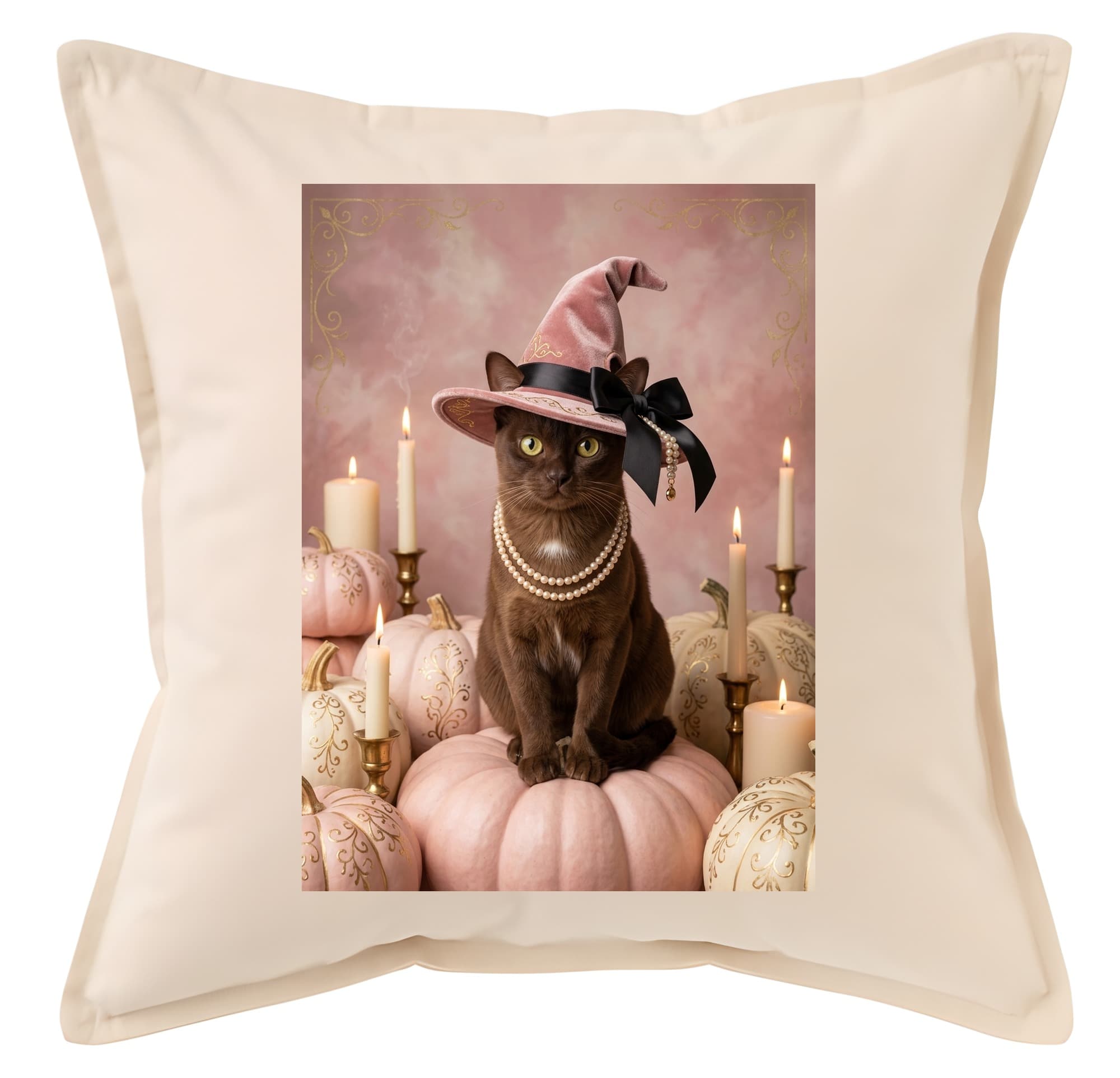 Burmese Pumpkin & Candlelight Oil-Painting Halloween Cushion