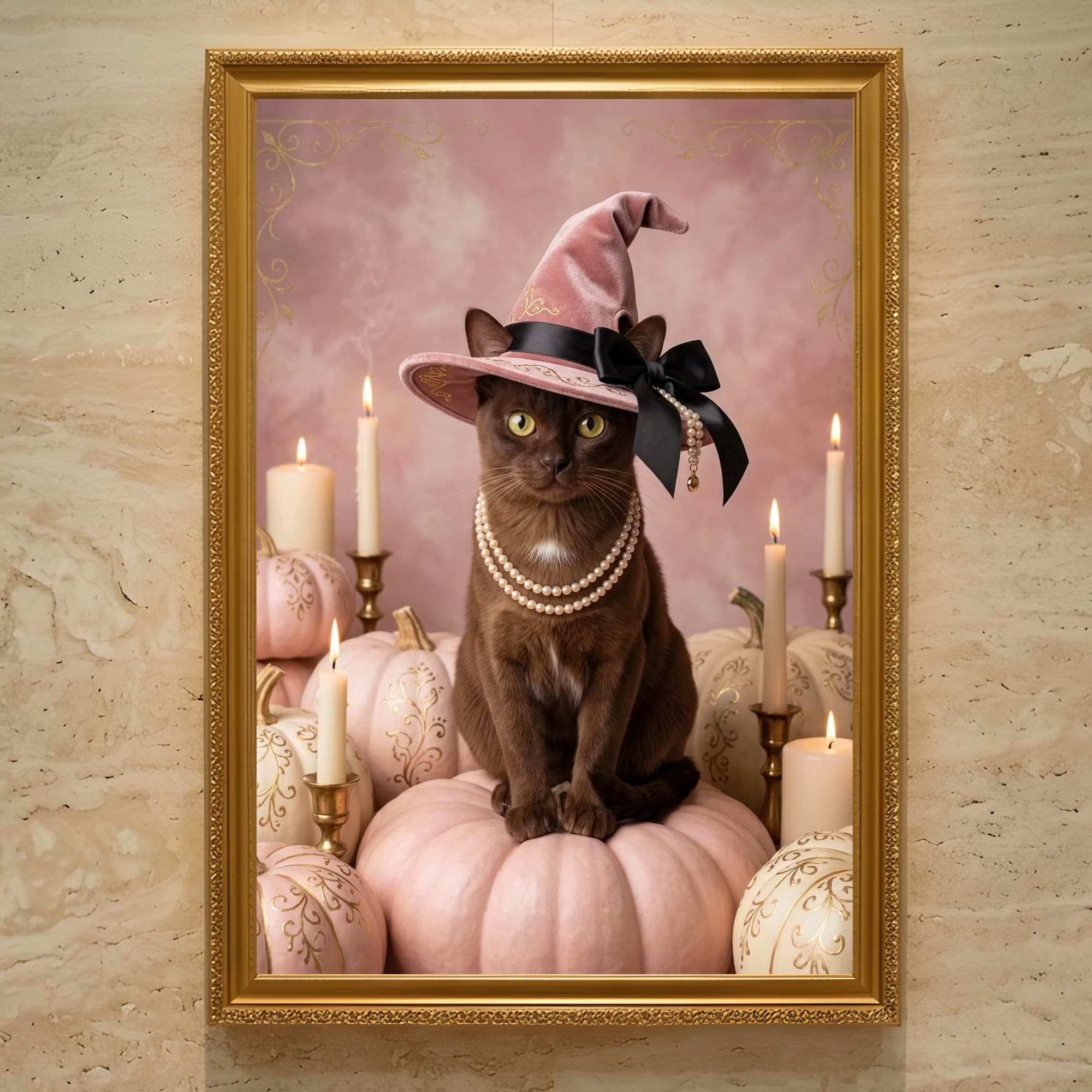 Burmese Pumpkin & Candlelight Oil-Painting Halloween Framed Art Print (A3)