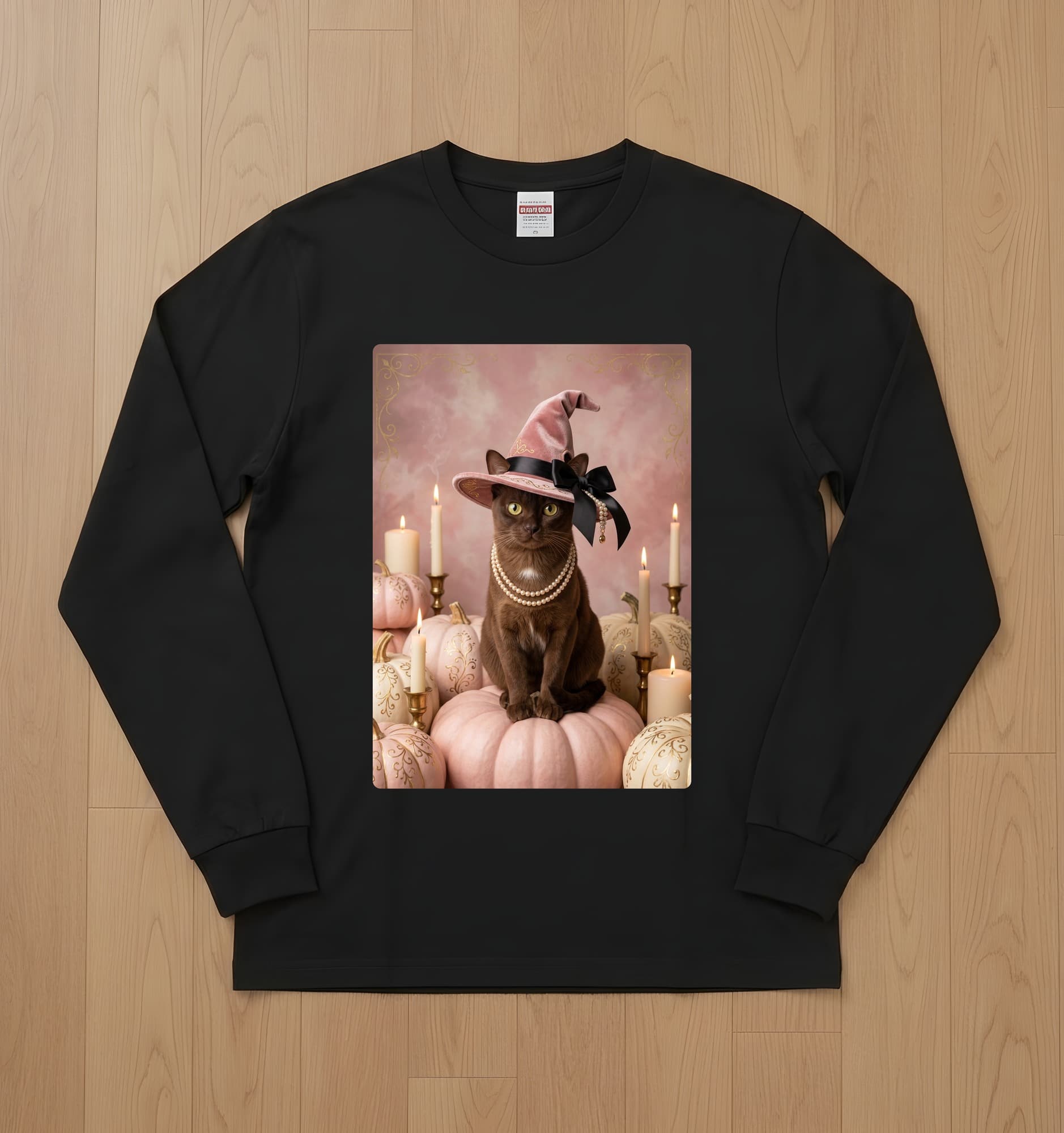バーミーズのかぼちゃとキャンドルの油絵風アートハロウィン長袖Tシャツ(ブラック)