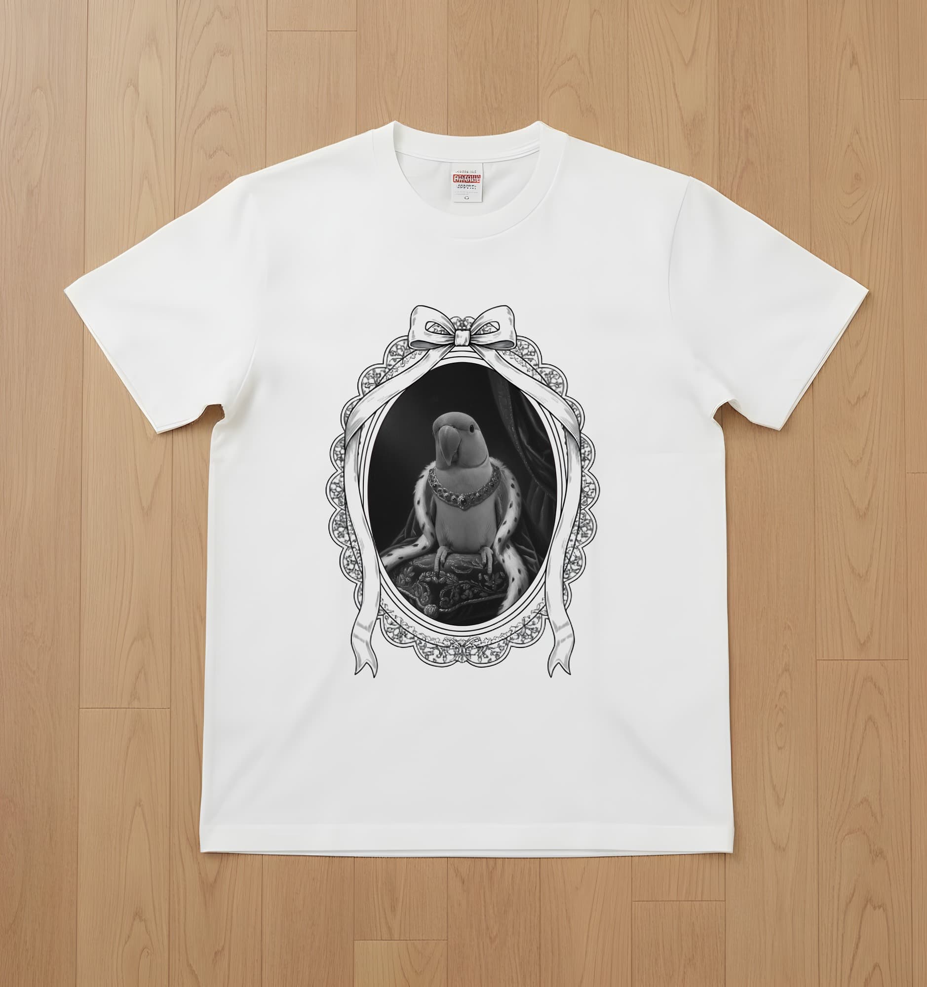 Alexandrine Parakeet Renaissance Portrait T-Shirt (White, Monochrome Print, Framed Design)