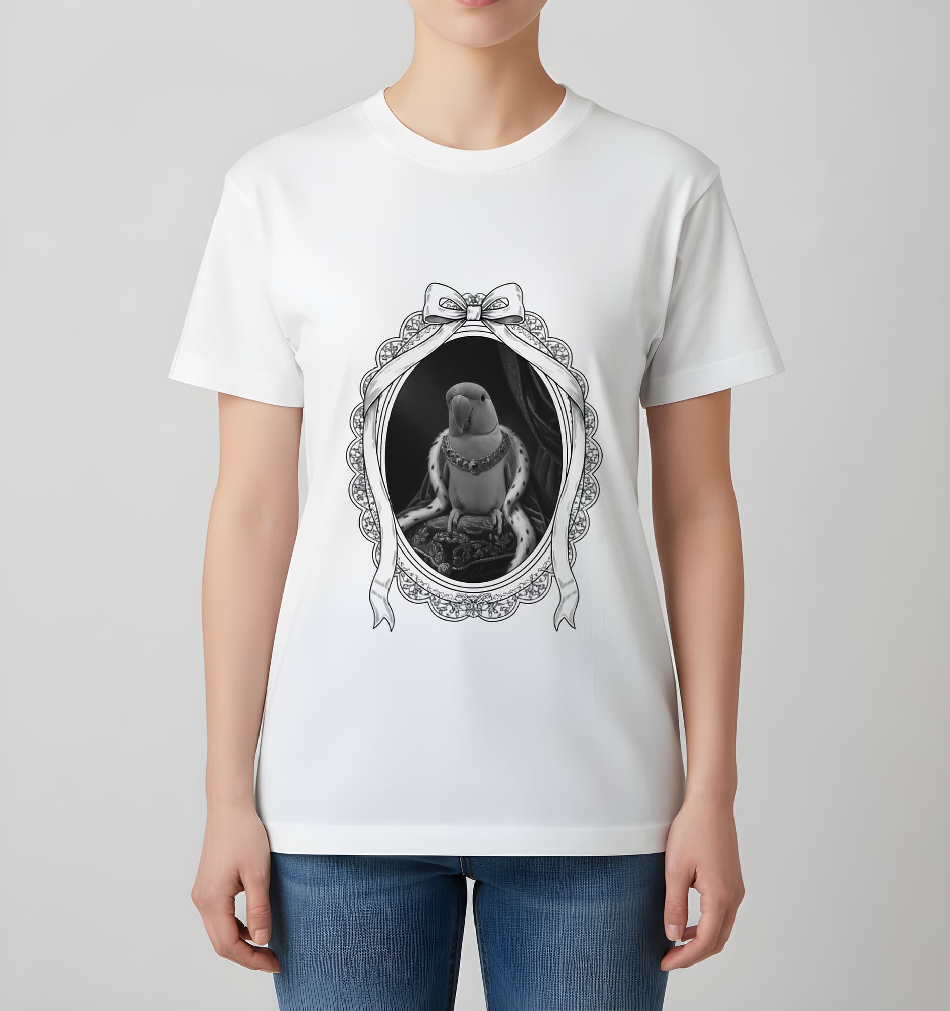 Alexandrine Parakeet Renaissance Portrait T-Shirt (White, Monochrome Print, Framed Design) 4