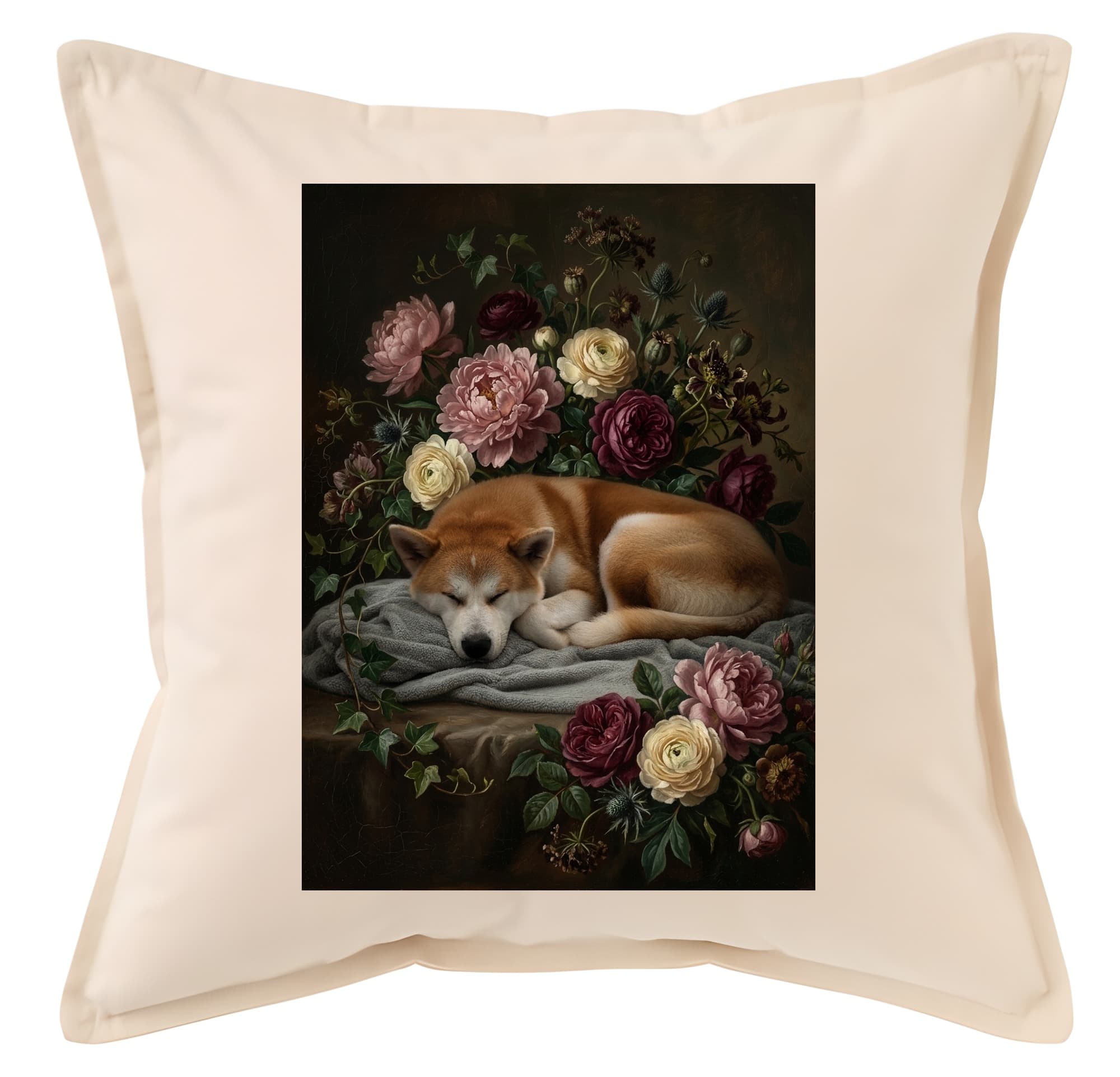 柴犬の花の油絵風アート花柄クッション