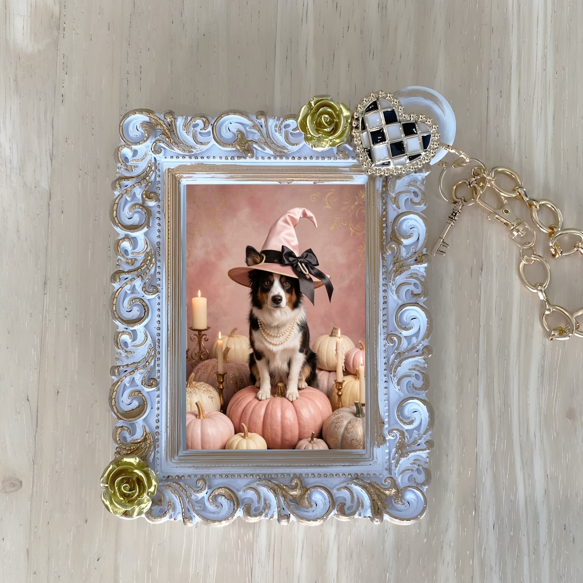 border collie Pumpkin & Candlelight Oil-Painting Halloween Bag Charm (White)