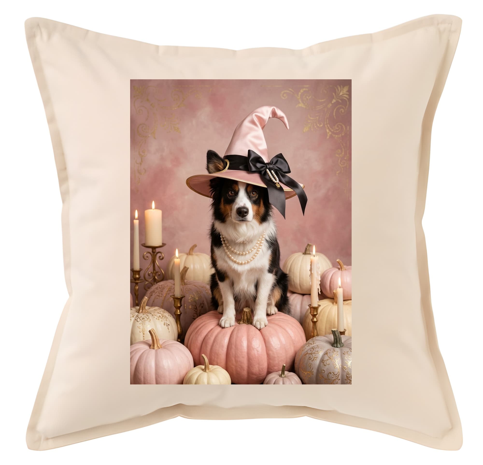 border collie Pumpkin & Candlelight Oil-Painting Halloween Cushion