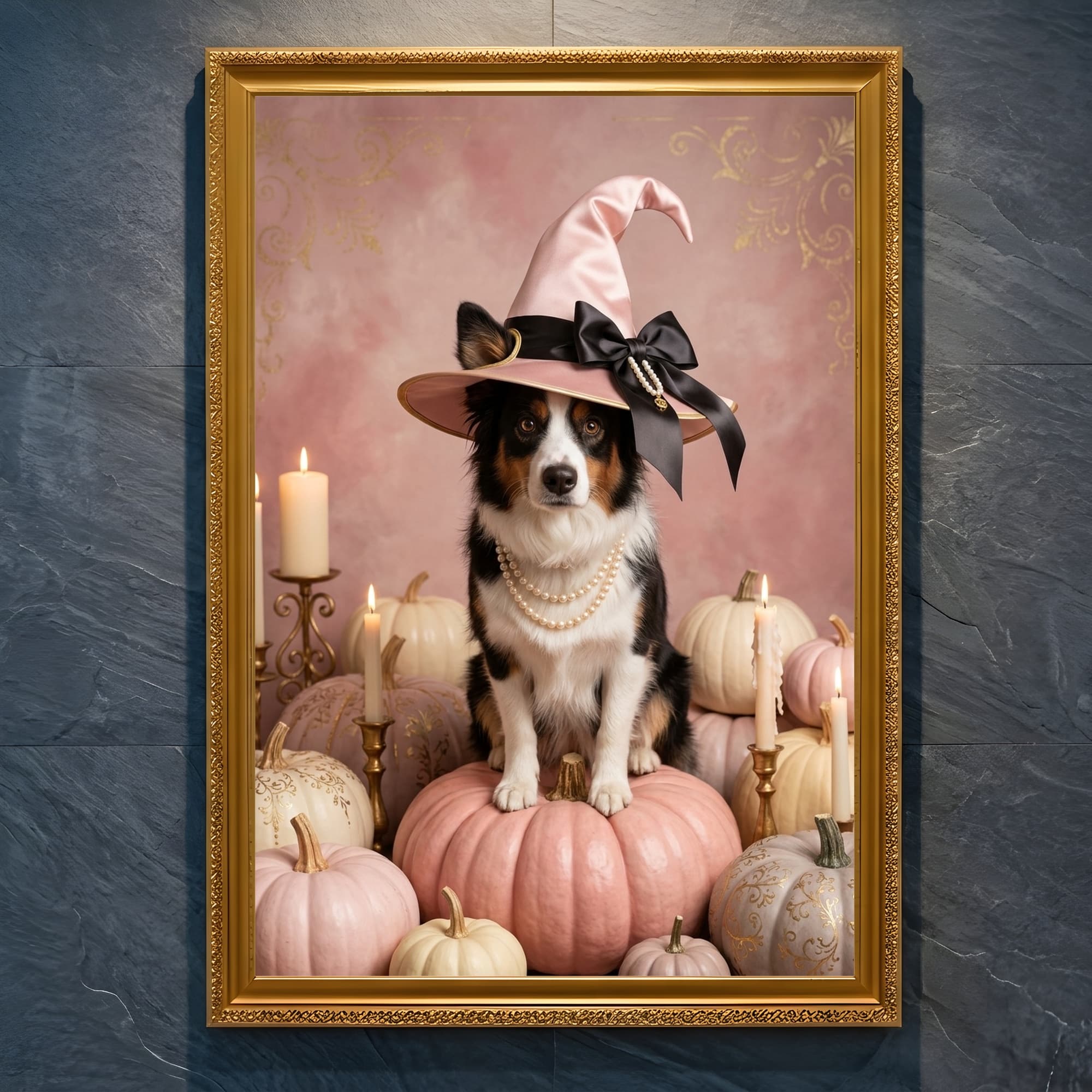border collie Pumpkin & Candlelight Oil-Painting Halloween Framed Art Print (A4 Gold)