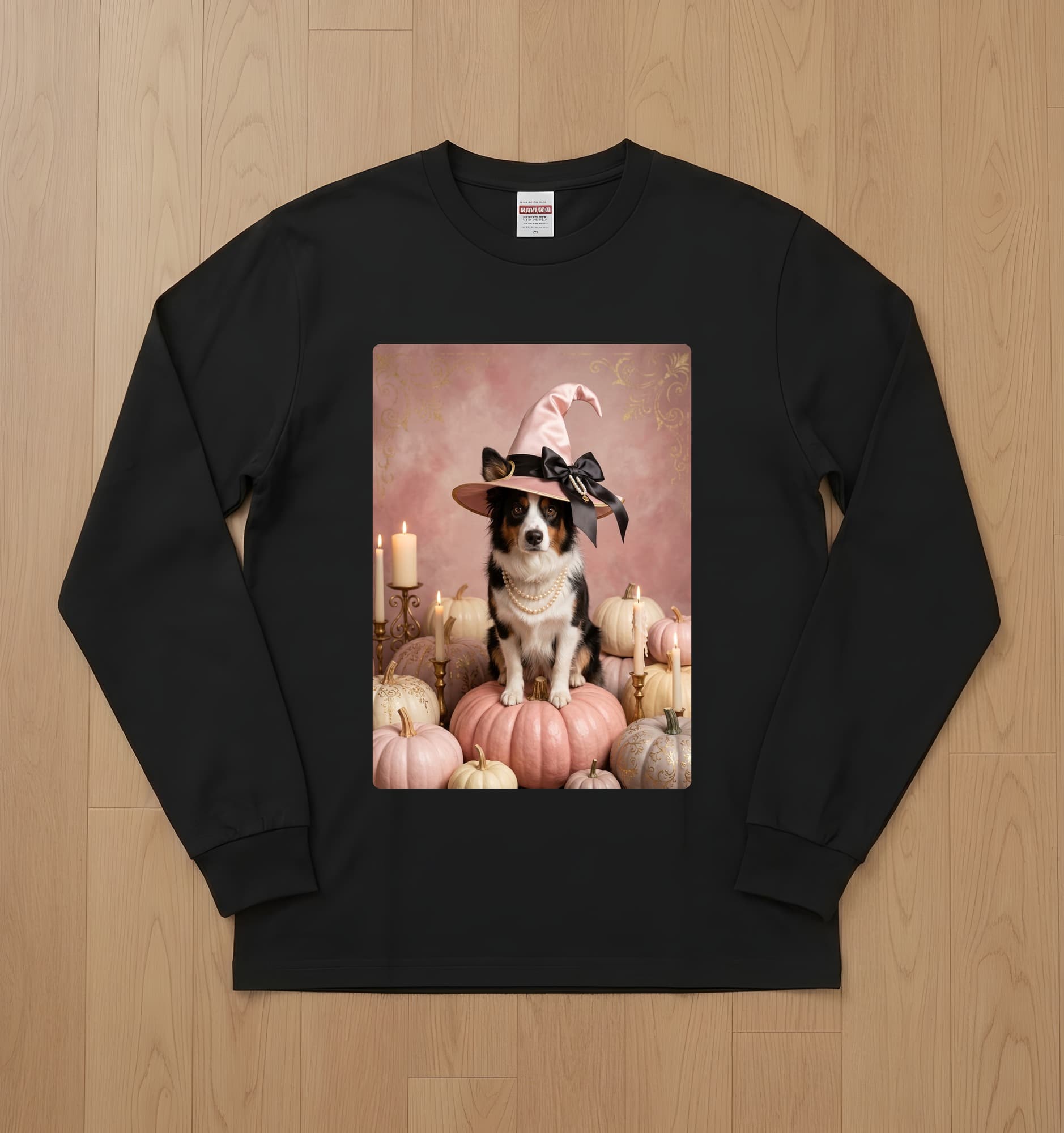 border collie Pumpkin & Candlelight Oil-Painting Halloween Long Sleeve T-Shirt (Black)